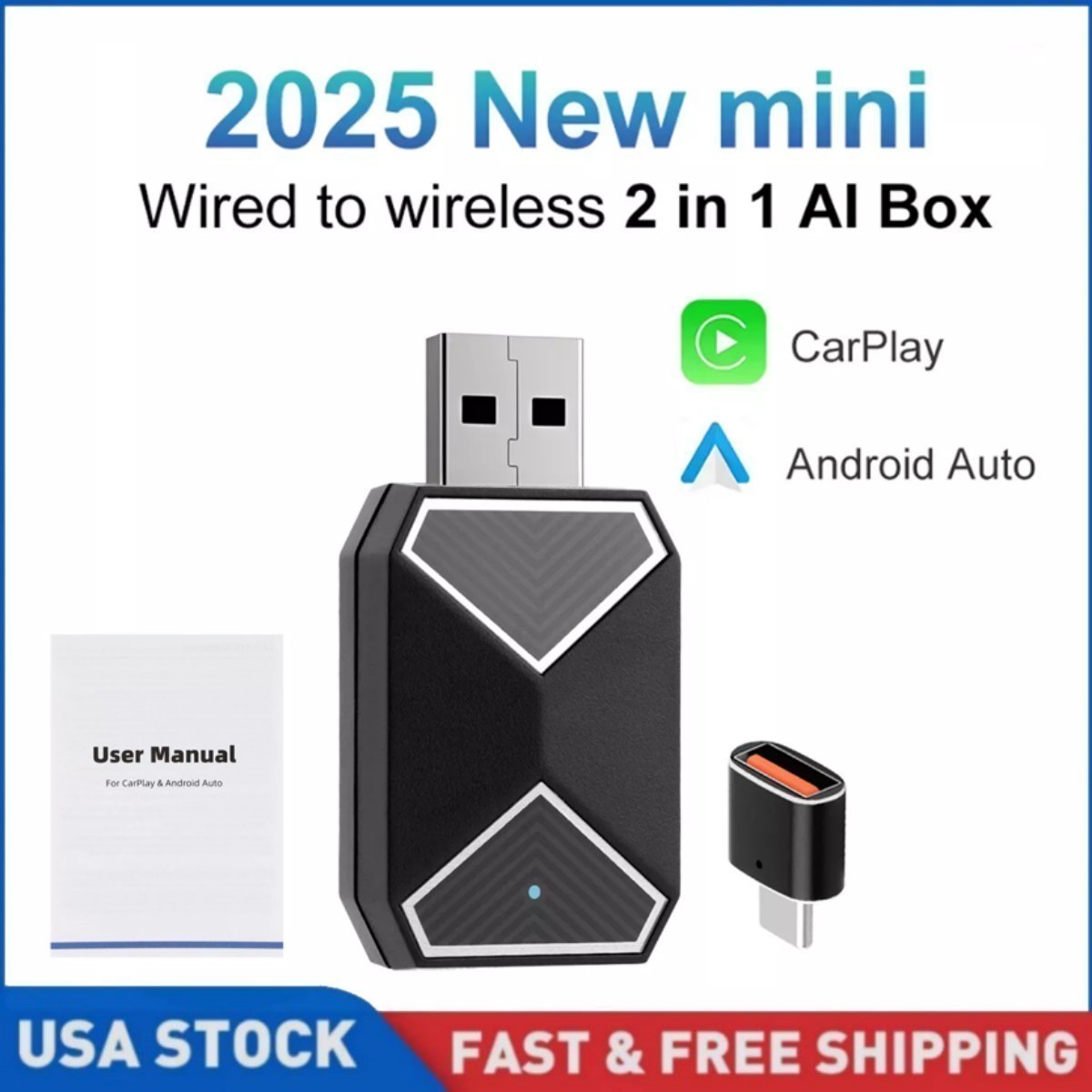 Wireless Carplay Android Auto Adapter 2 in 1 Mini Box Plug&Play Wireless Dongle1