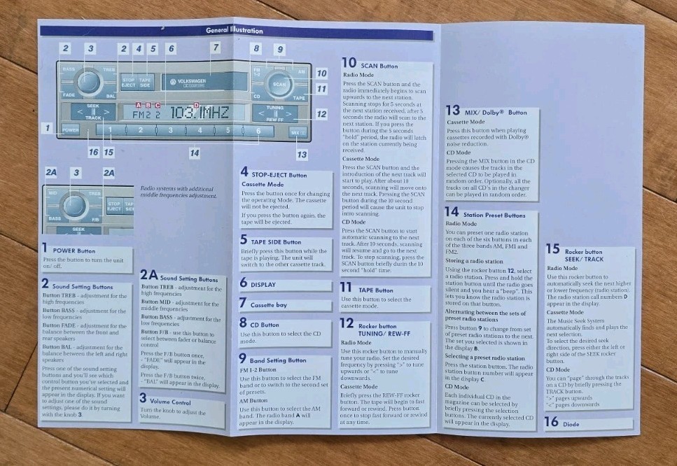 1999-2004 VW EUROVAN Monsoon Stereo Radio Cassette Manual Quick Reference Guide
