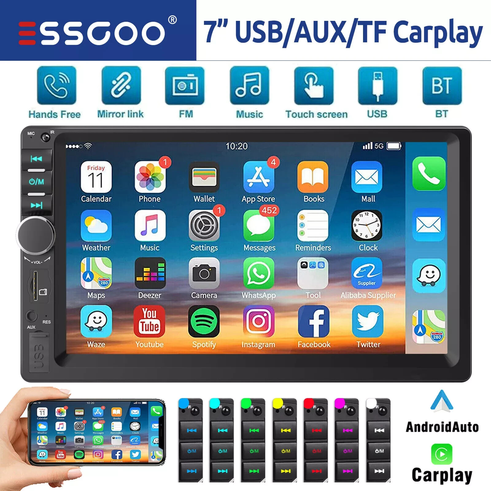 2 DIN 7 Inch Apple Carplay Android Car Stereo Bluetooth AUX-IN USB TF MP5