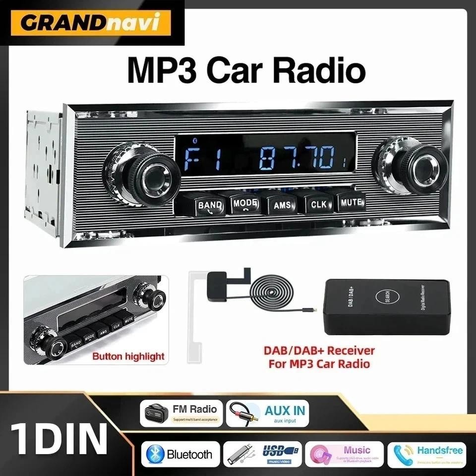 Retro 1 DIN Car Radio Bluetooth FM MP3 Player USB AUX Classic Stereo EQ