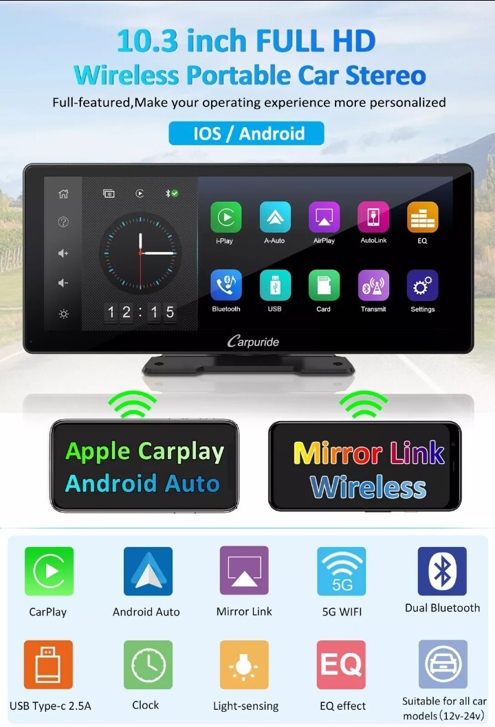 Carpuride W103PRO Portable Car Stereo Audio Wireless Apple CarPlay Android Auto