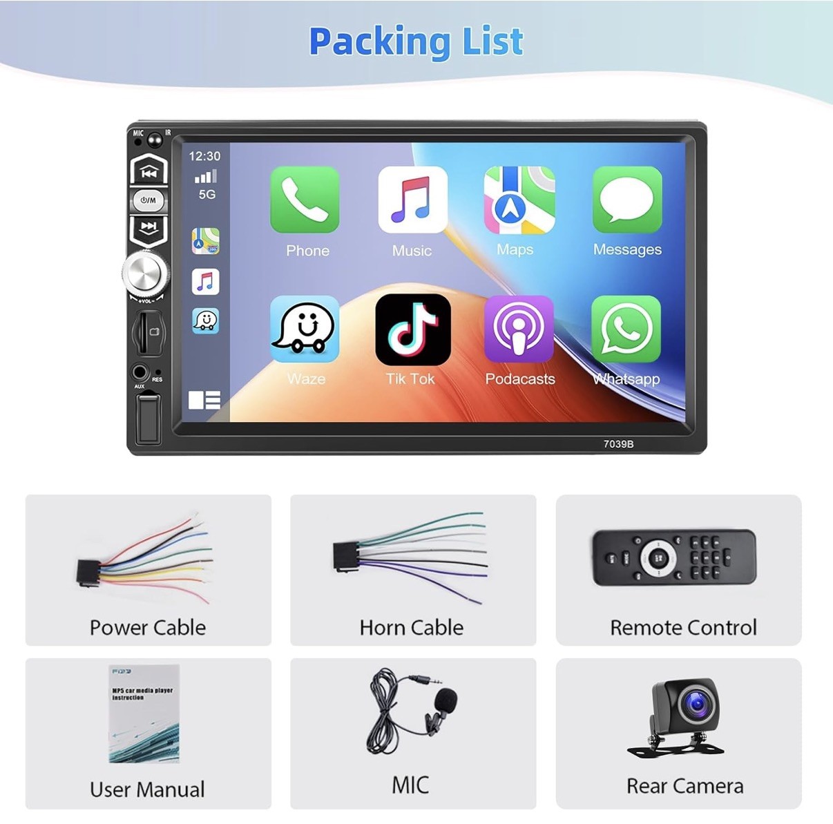 Podofo CarPlay Android Auto Single Din Car Stereo, 7″ HD Touchscreen 1 Din