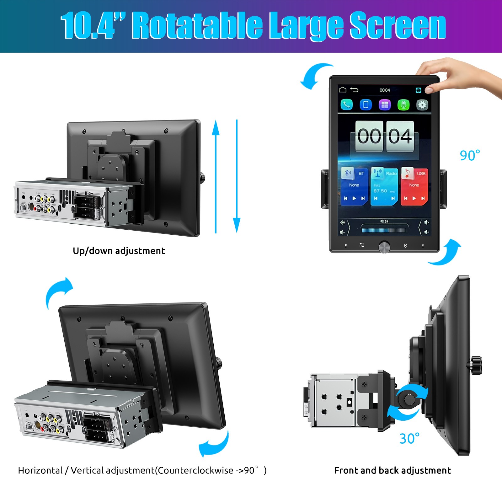 1 DIN 10.4″ Wireless Apple Carplay Car Stereo Head Unit Rotatable Screen Radio