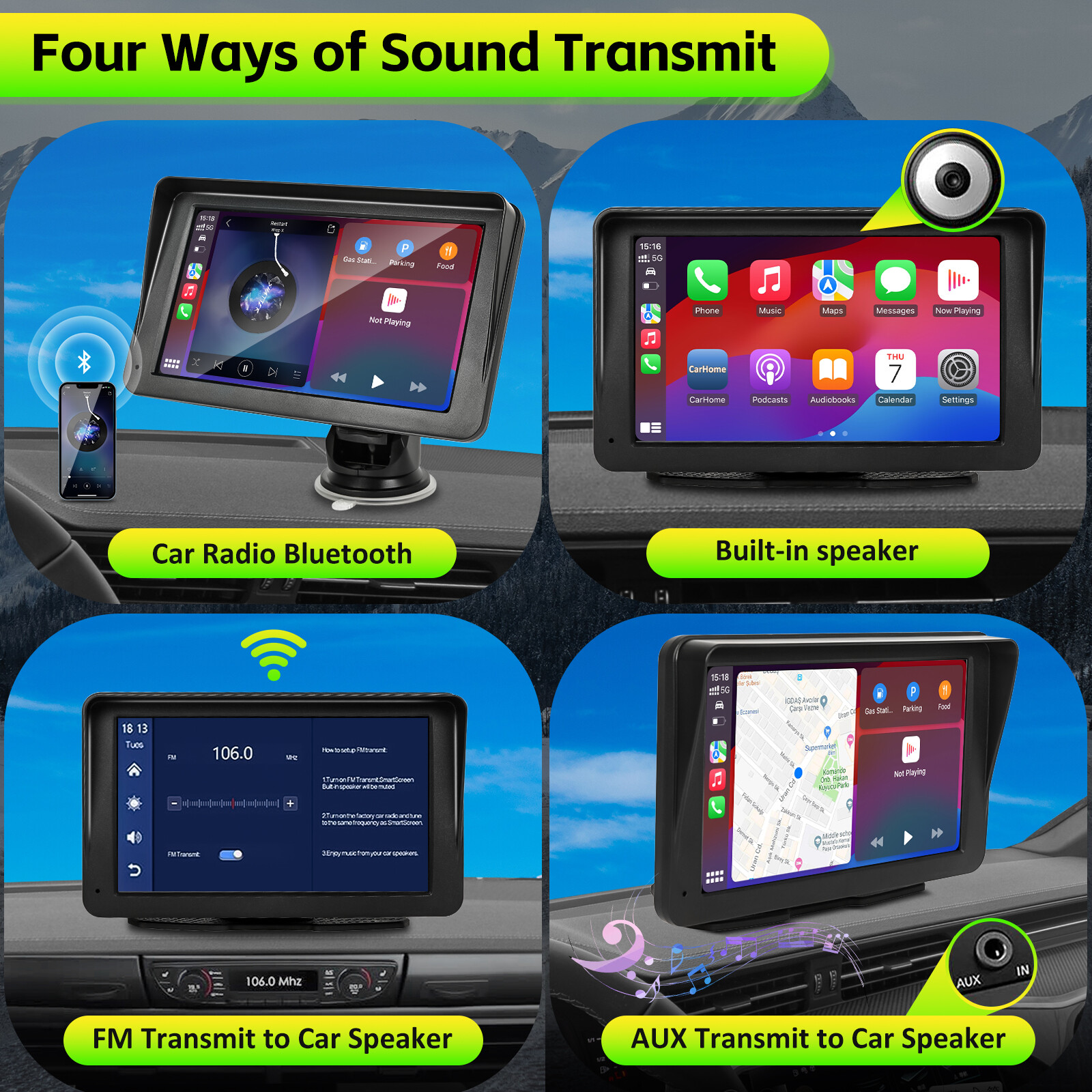 7″ Portable Carplay IOS/Android Auto Play Stereo FM Radio Touch Screen Bluetooth