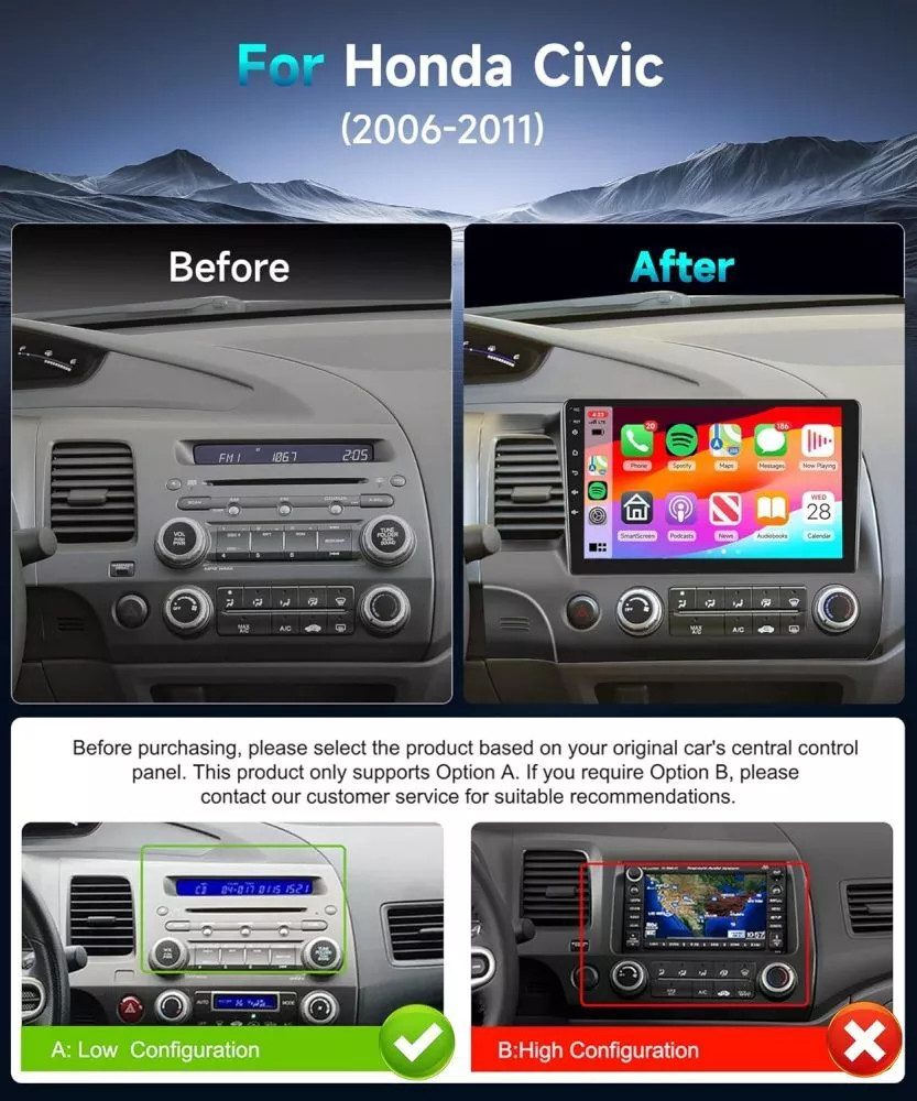 For Honda Civic 2006-2011 Apple CarPlay 10″ Android 13 Car Stereo GPS WiFi 4+64G