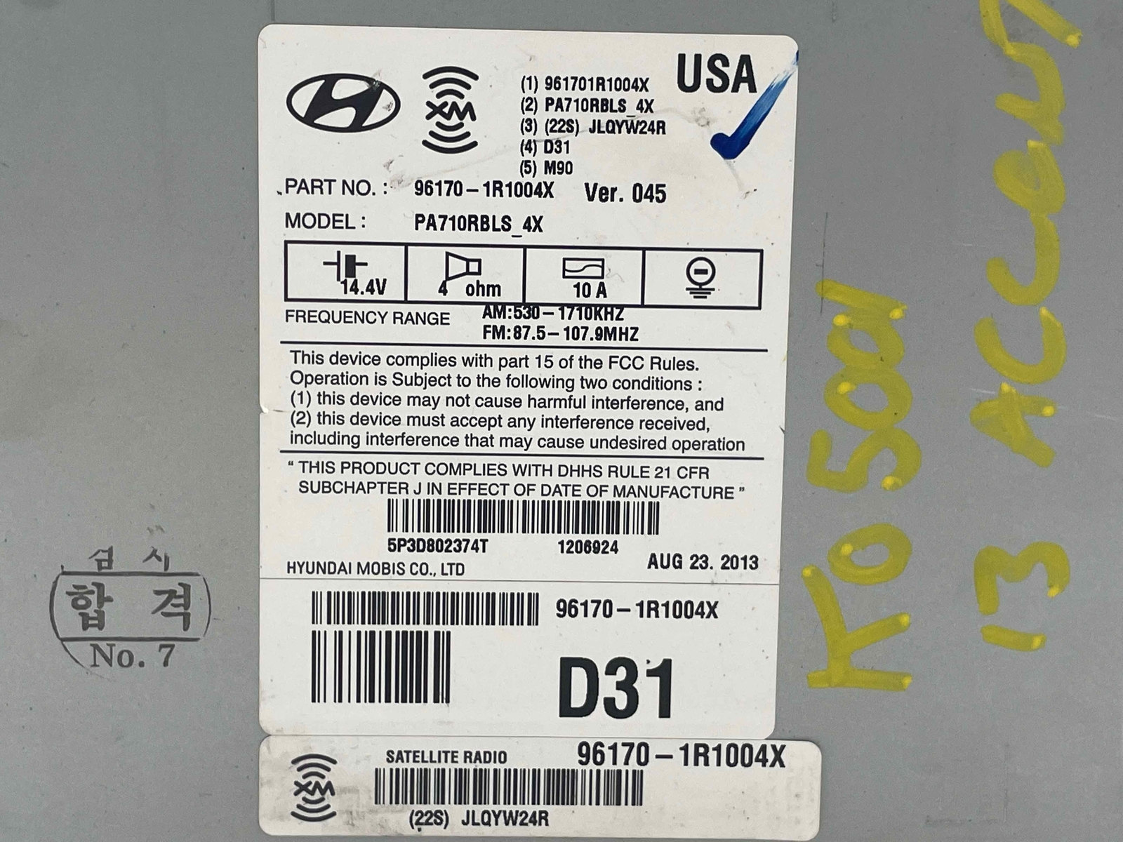 2013 HYUNDAI ACCENT OEM XM MOBIS SATELLITE RADIO RECEIVER 96170-1R1004X 12 14