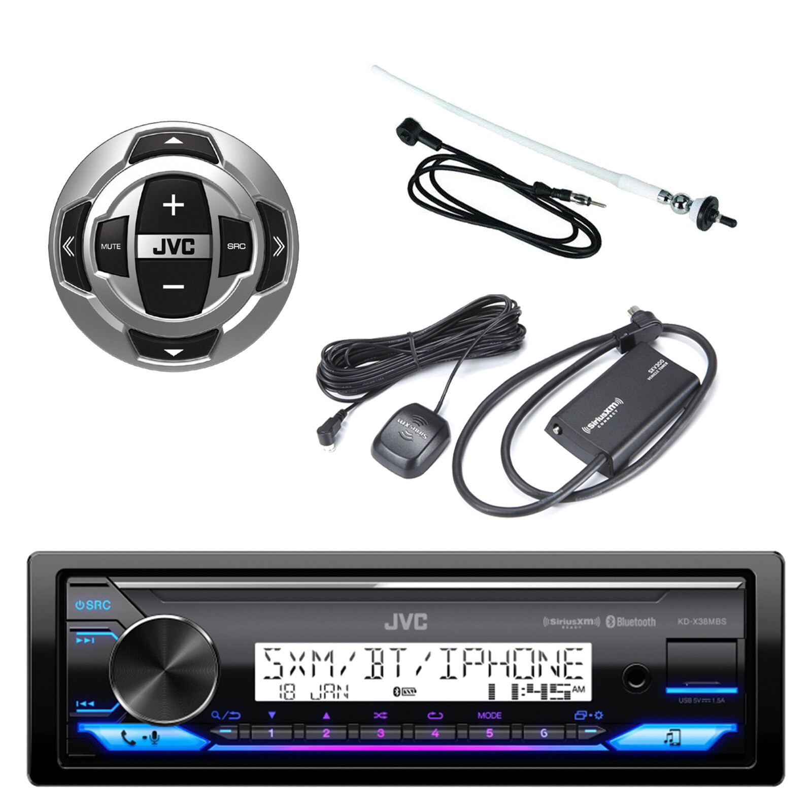 JVC KD-X38MBS in-Dash Marine Bluetooth Receiver, Wired Remote, XM Tuner, Antenna