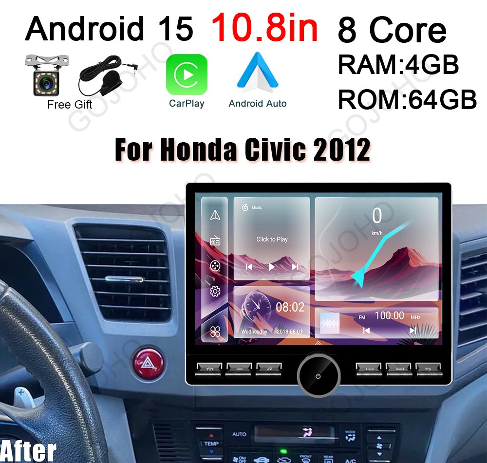 4+64GB Apple Carplay Android 15 For Honda Civic 2012 Car Stereo Radio Wifi GPS