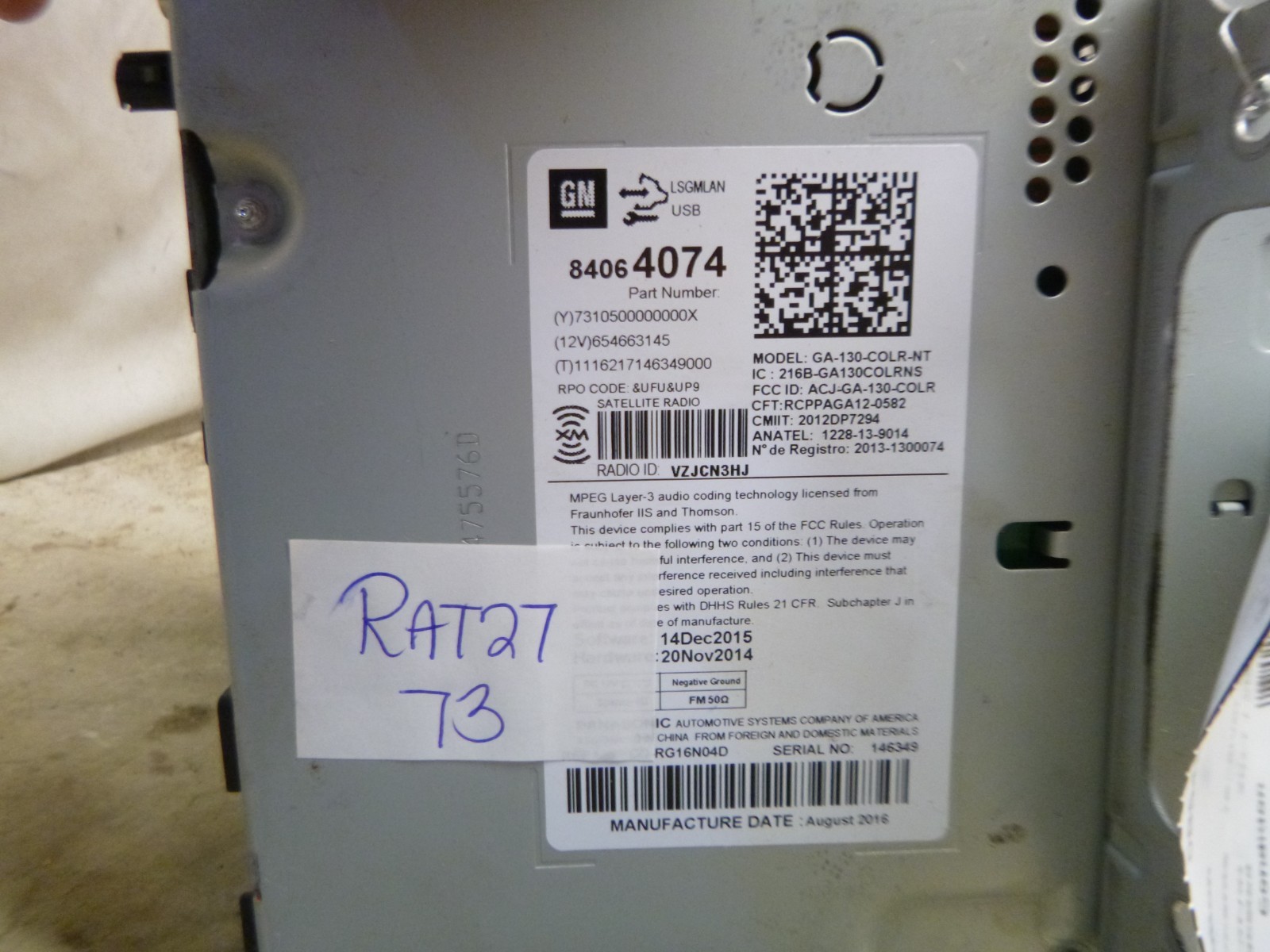 2017 17 Chevrolet Equinox Radio Receiver Mechanism w/ Vin Tag 84064074 RAT27