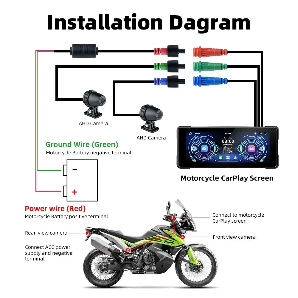 Motorcycle DVR IPX7 Waterproof Wireless Carplay Android Auto Display IPS Screen