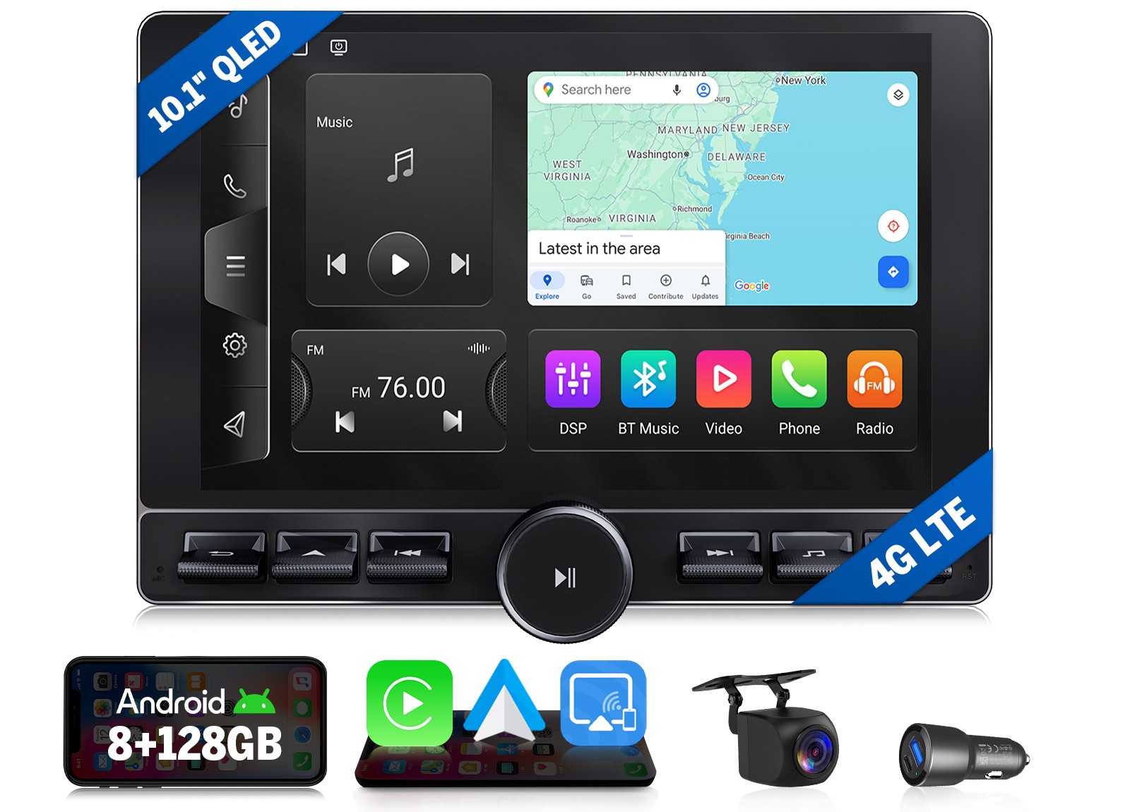 Double DIN Android Car Stereo 10.1″ QLED 8+128 CarPlay GPS DSP Multimedia System