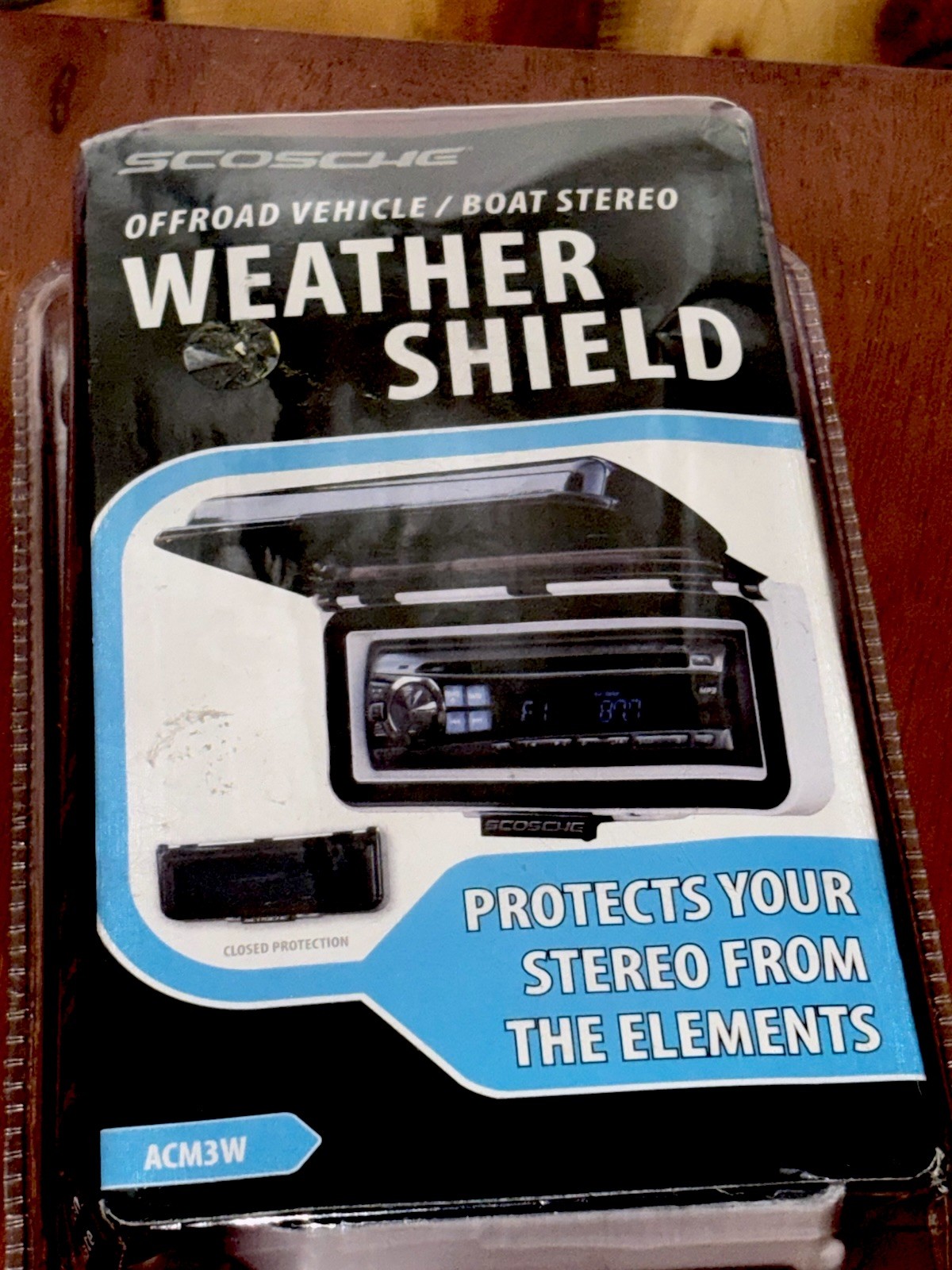 New Genuine Scosche ACM3W White Marine Boat Radio Splash Guard Black FlipUp Door