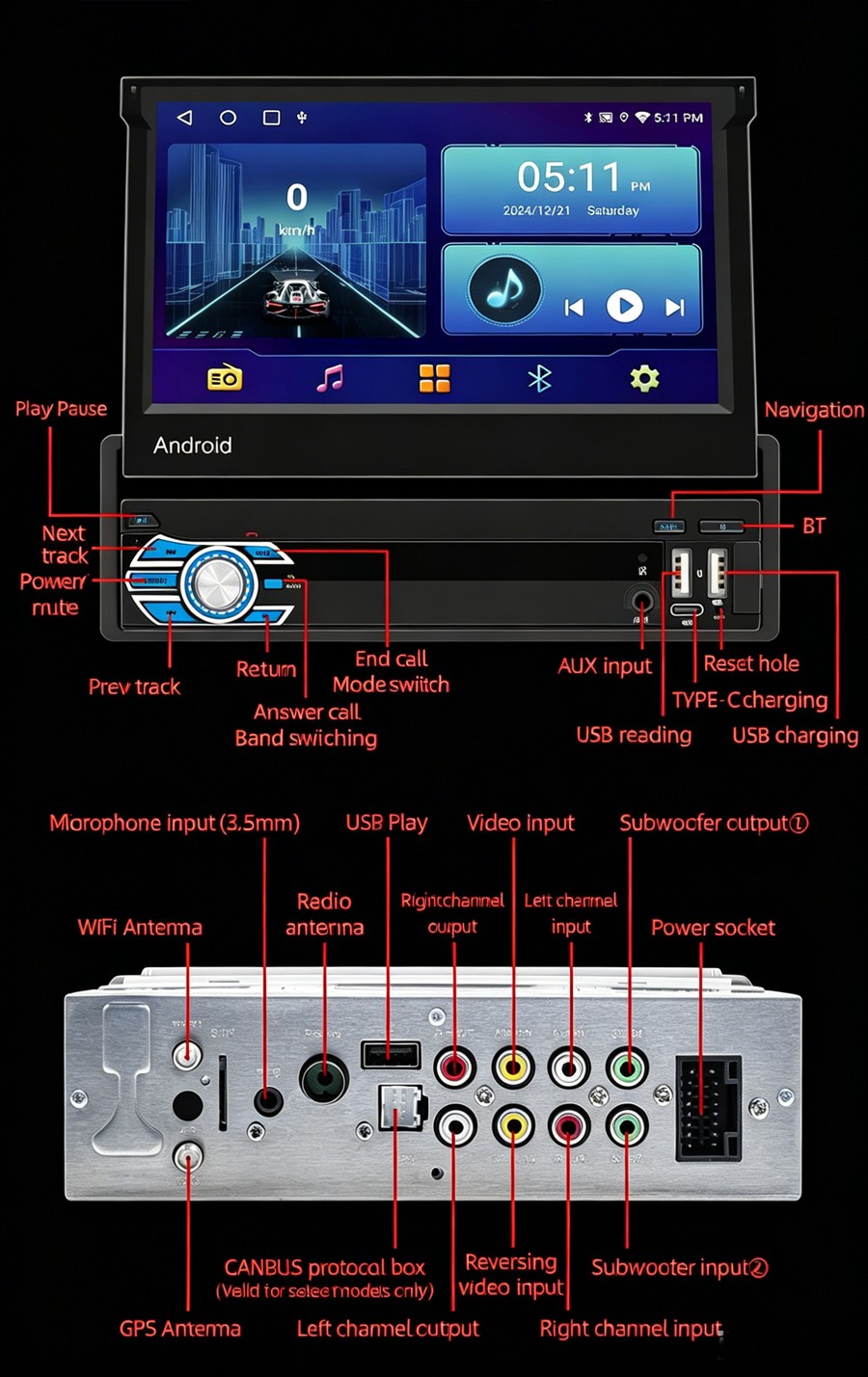 Universal 1DIN Android Car Radio Bluetooth GPS Sat Nav USB DAB+ CarPlay WIFI 64GB