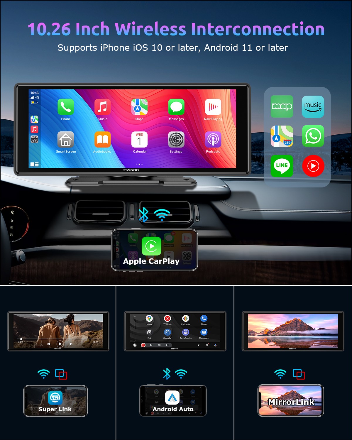 10.26 Inch IPS Touch Screen Car Portable Apple CarPlay Tablet Android Auto Radio