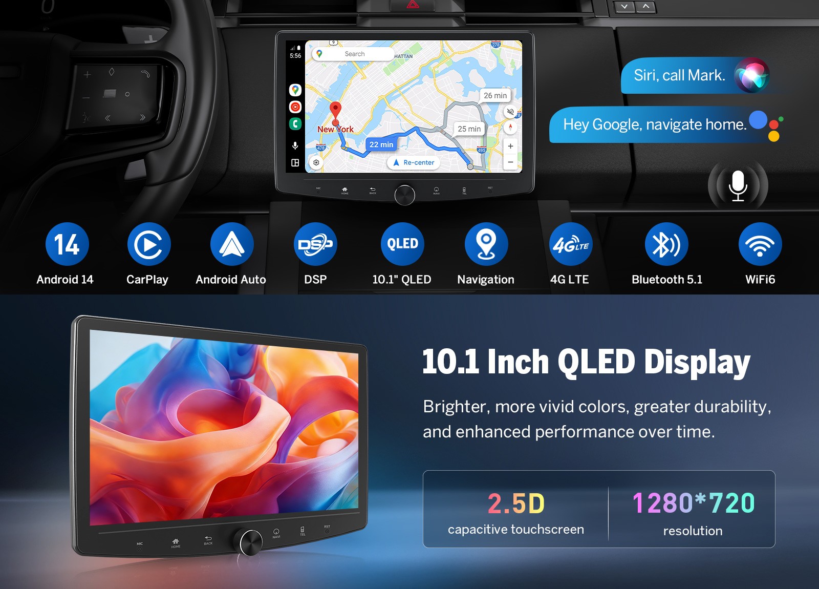 8Core 6+64G 10.1″ QLED Double Din Car Stereo CarPlay Android 13 Radio DPS 4G LTE