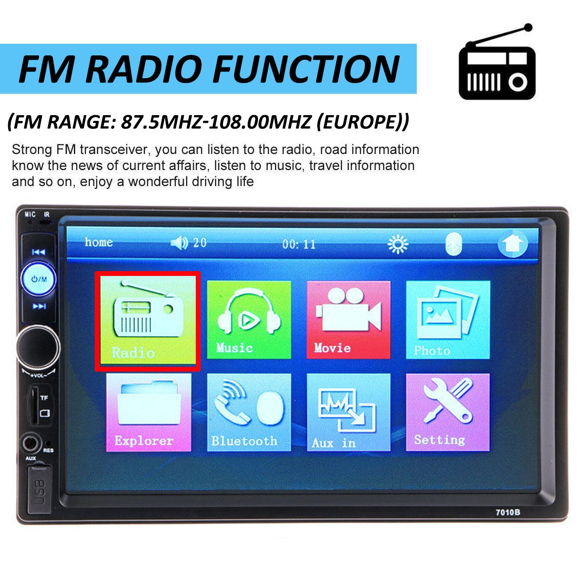 7″ 2 Din Car Stereo Touch Screen Bluetooth Stereo FM USB AUX MP3 Player Camera