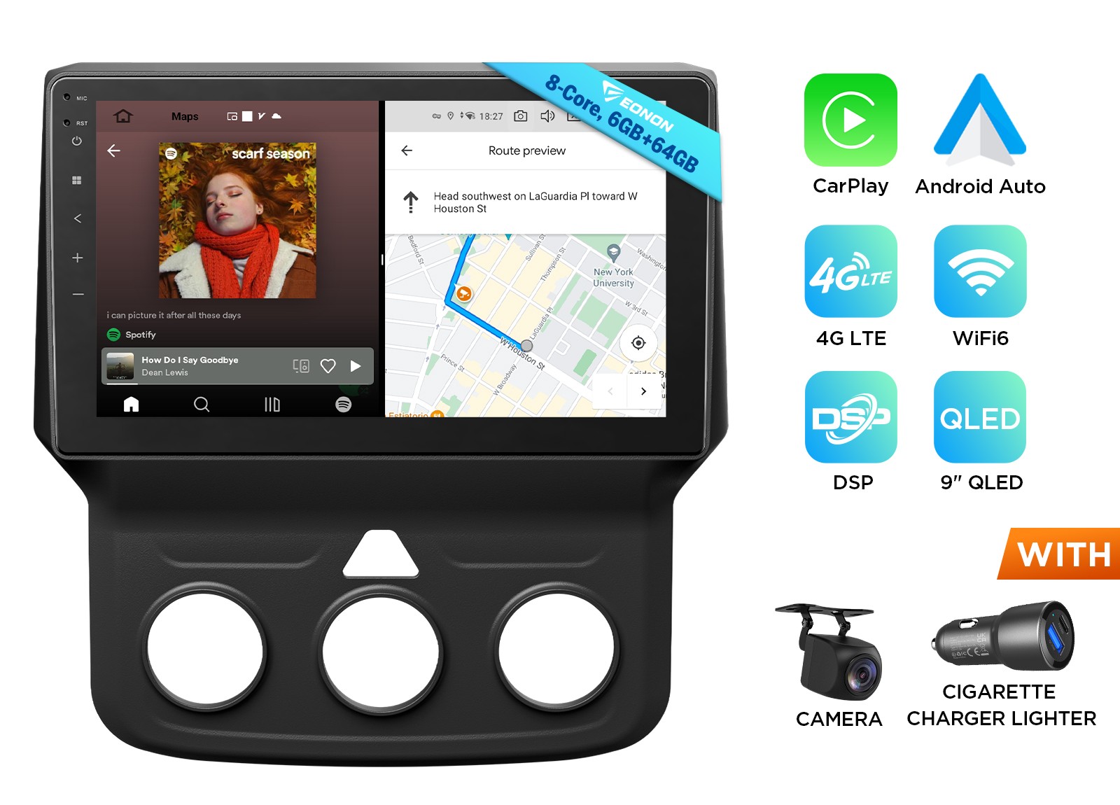 For RAM 1500 Classic 2019-2024 9″Android Auto QLED 6+64 Car Stereo Apple CarPlay