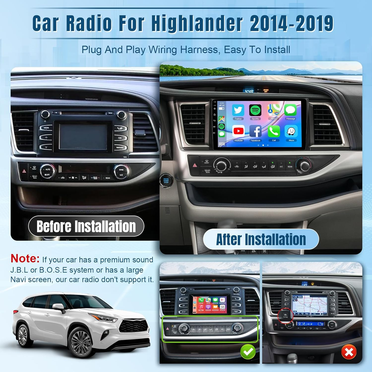 8GB+256GB For Toyota Highlander 2014-18 CarPlay&Android Auto Car Stereo GPS 128G