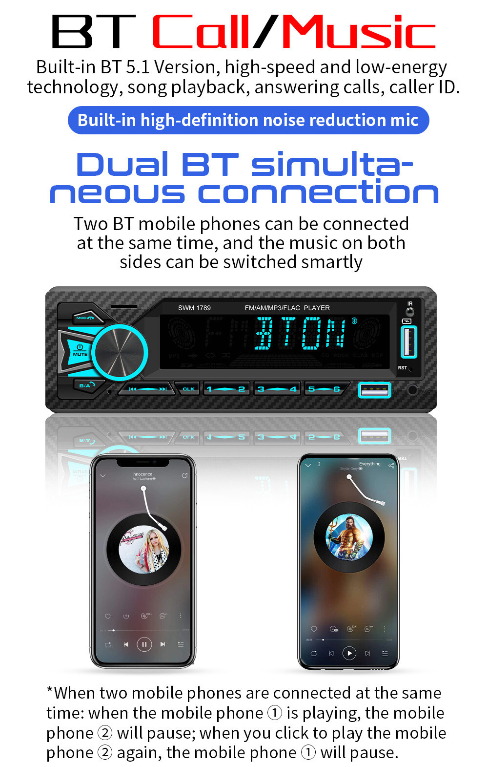 Single 1DIN Car Radio Stereo Audio MP3 Player Bluetooth FM/AM In-Dash Head Unit
