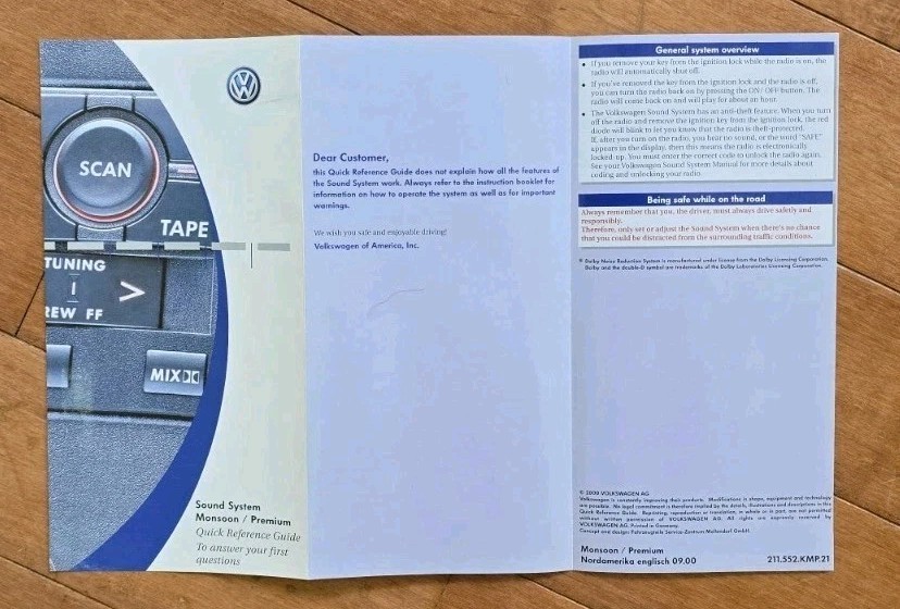 1999-2004 VW EUROVAN Monsoon Stereo Radio Cassette Manual Quick Reference Guide