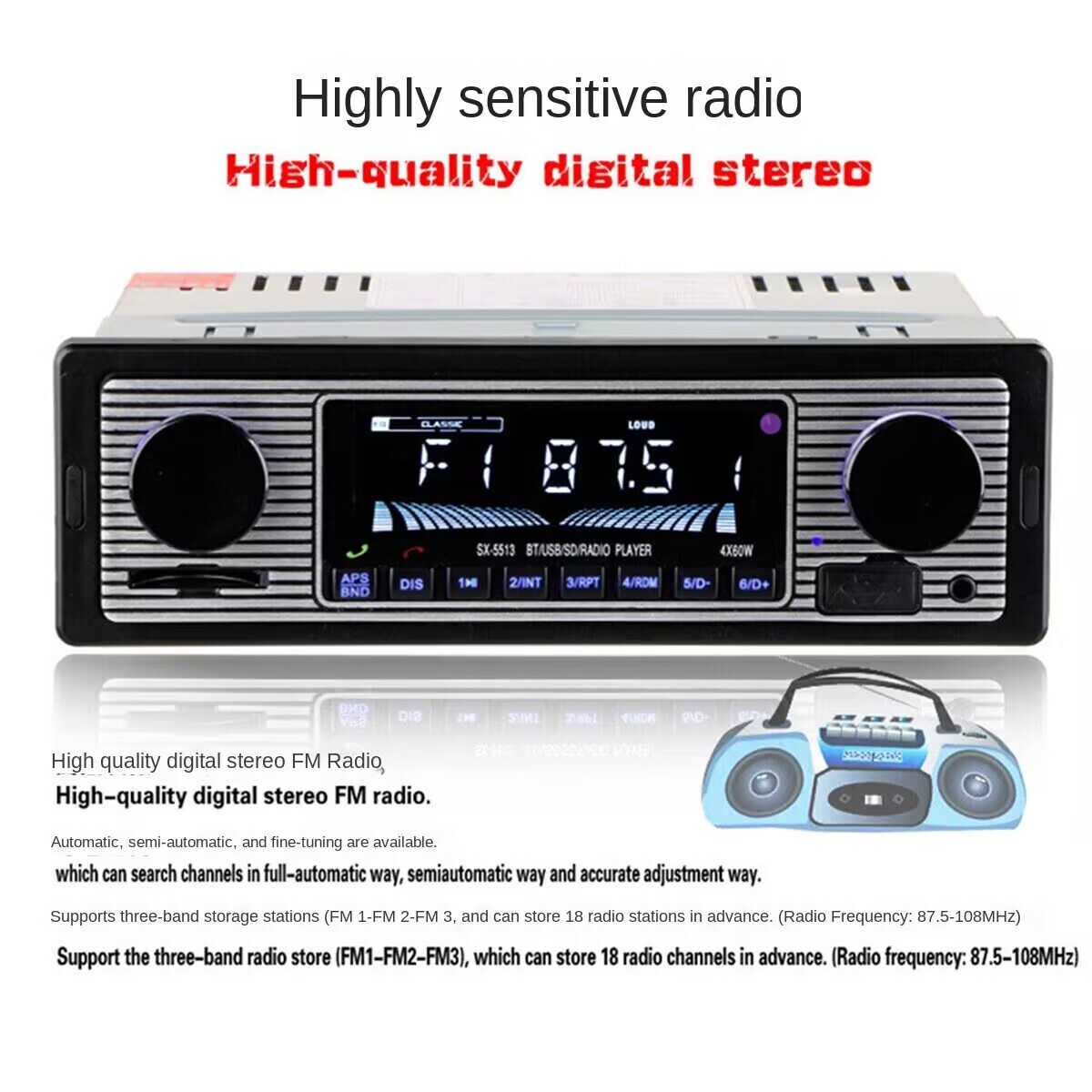 Vintage Car FM Radio MP3 Player Bluetooth USB Classic Stereo Audio Receiver AUX