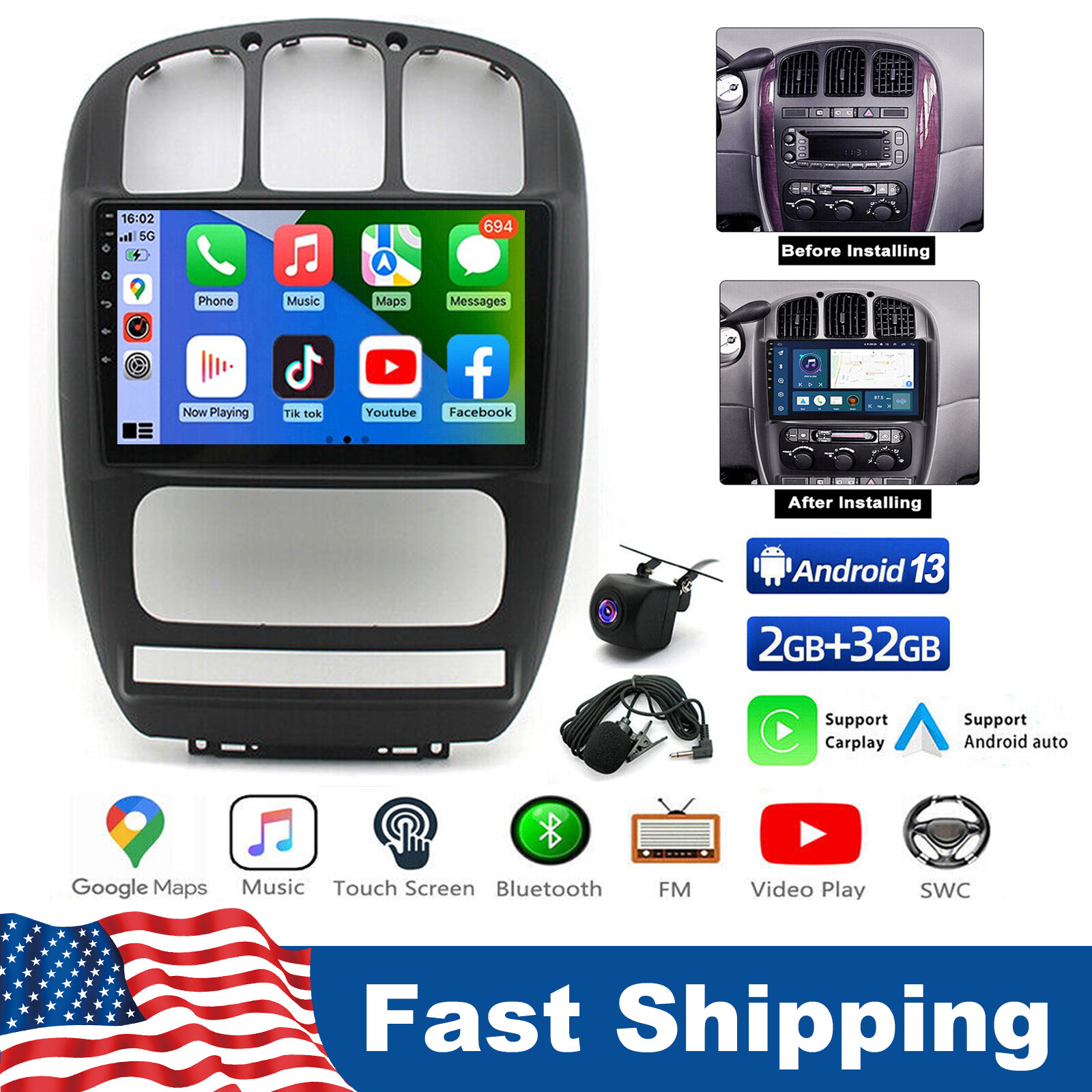 FOR 2001-2007 DODGE GRAND CARAVAN ANDROID 13 10.1″ RADIO STEREO GPS NAVI HIFI FM