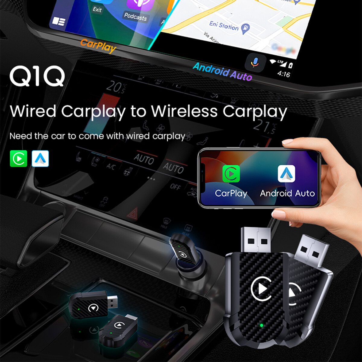2025 Wireless CarPlay/Android Auto Adapter 5.0 USB-C 2-in-1 Smart Dongle A+