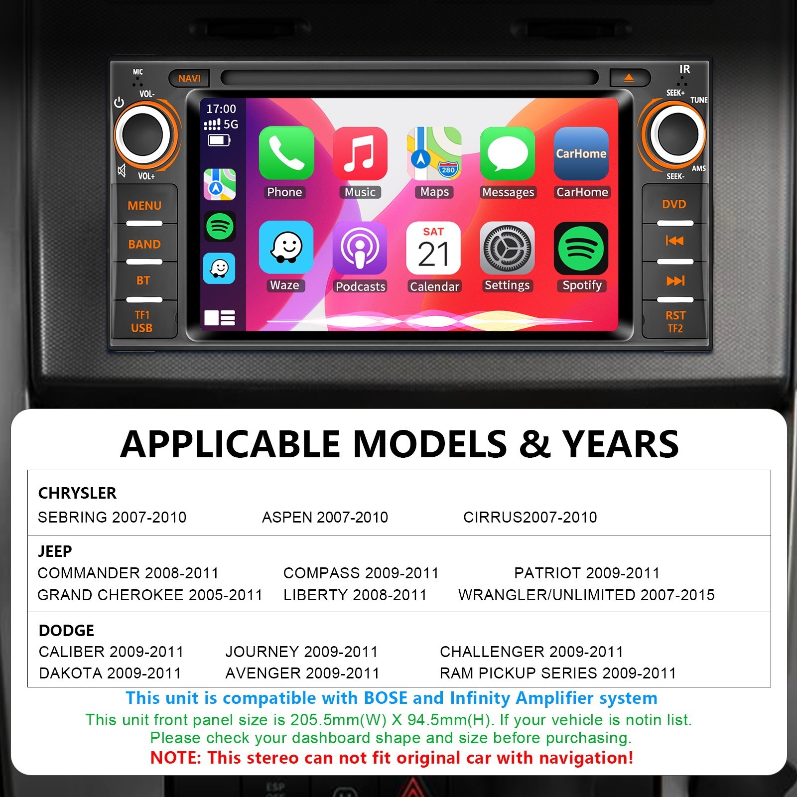 Plug & Play Car Radio Stereo CD DVD Player W/CarPlay GPS For Jeep Dodge Chrysler