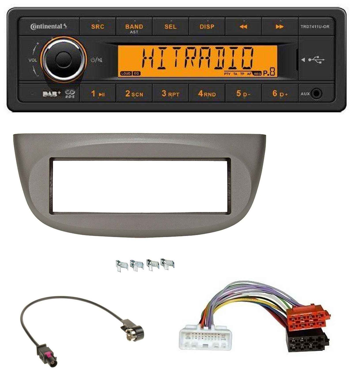 Continental 1DIN DAB MP3 AUX USB Car Stereo for Renault Twingo 2015 onwards Beige Grey