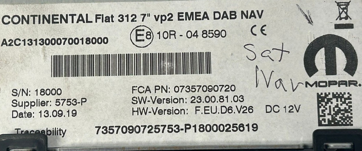 Continental Fiat 312 7″ vp2 ECE DAB GPS 7357695110 Fiat 500 Stereo 2015 Onwards