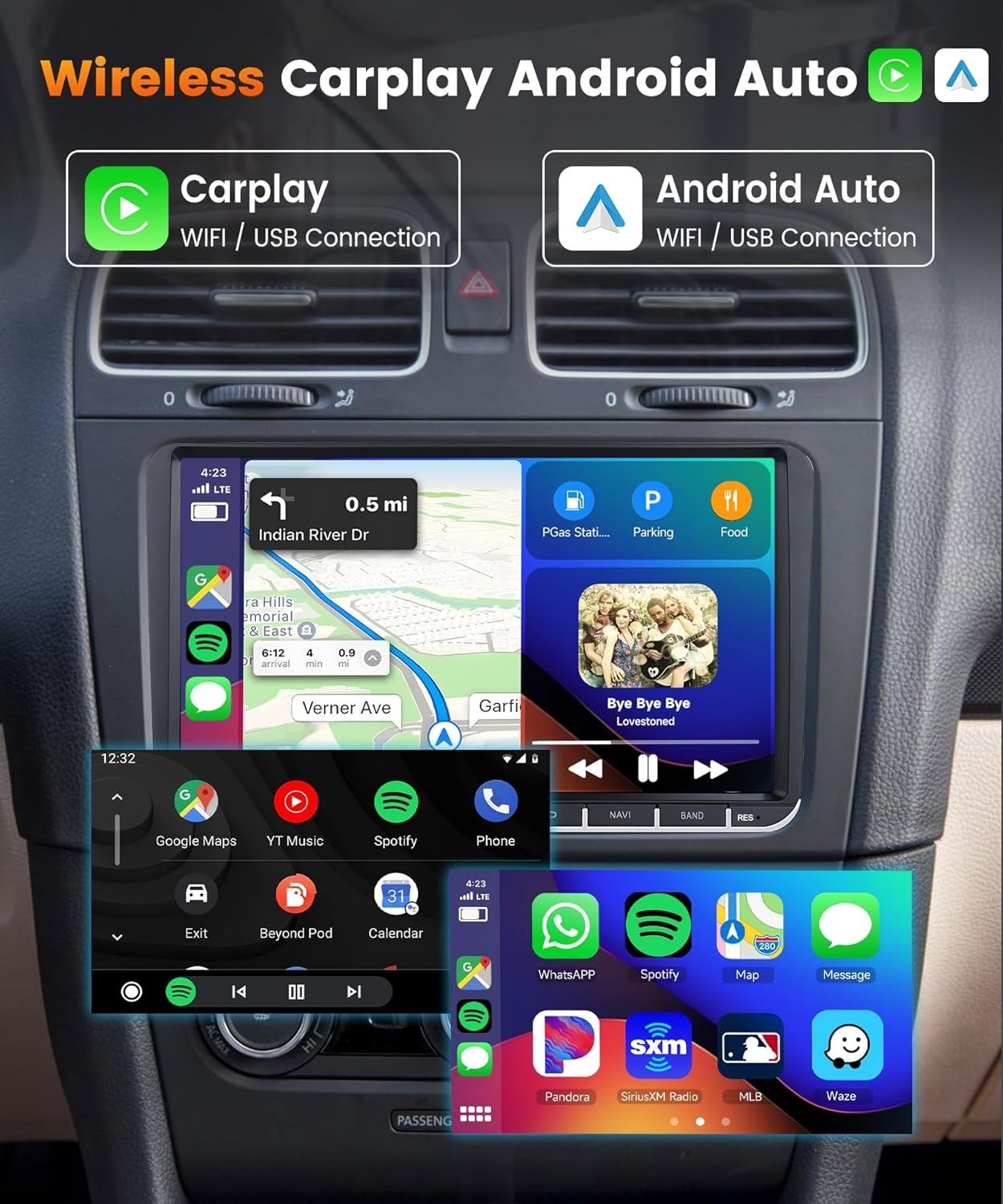 Podofo 2G+64G Car Stereo with Wireless Carplay Android Auto, 9″ Touch Screen