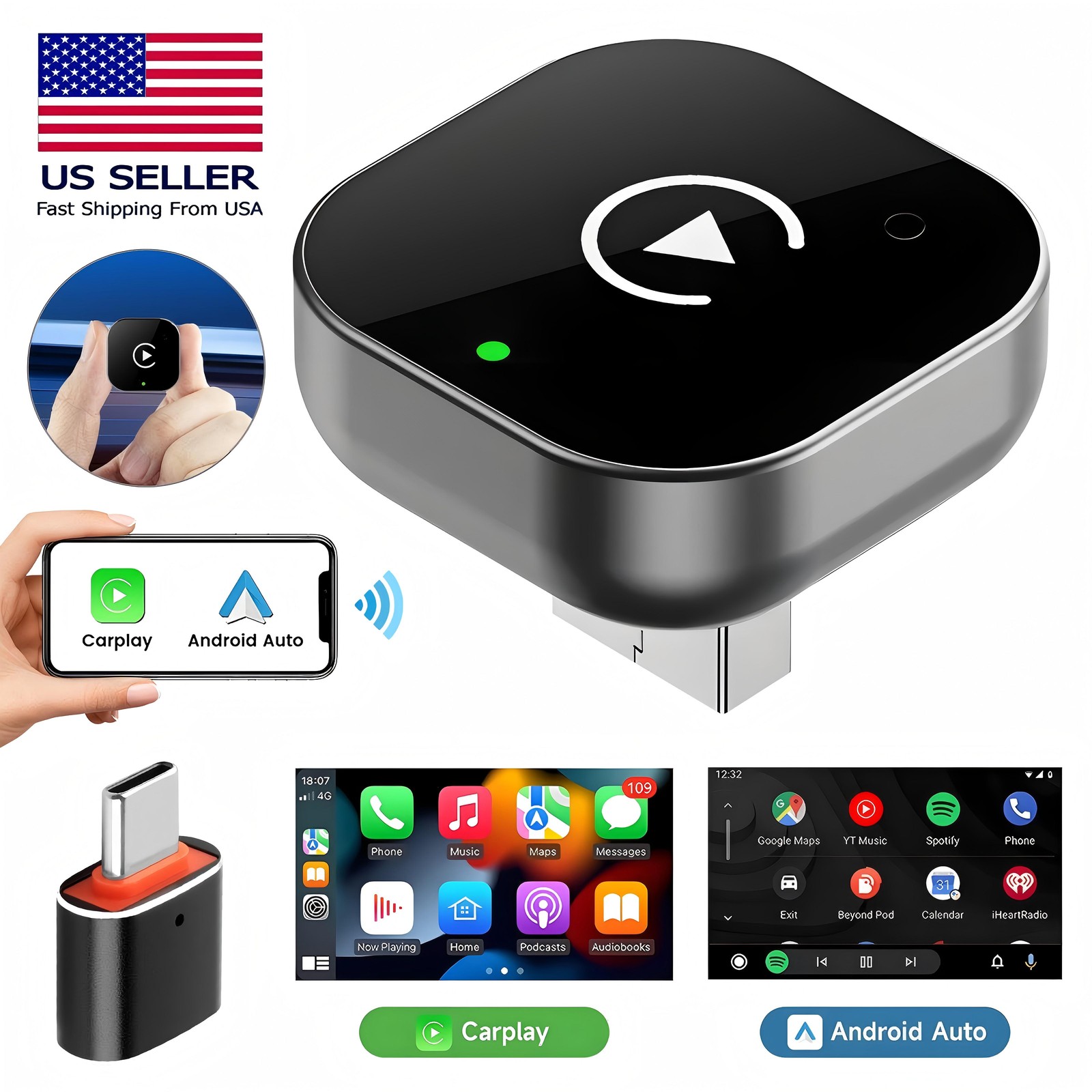 2PCS Wireless USB Carplay Adapter Dongle For iPhone Apple Android Auto Plug Play