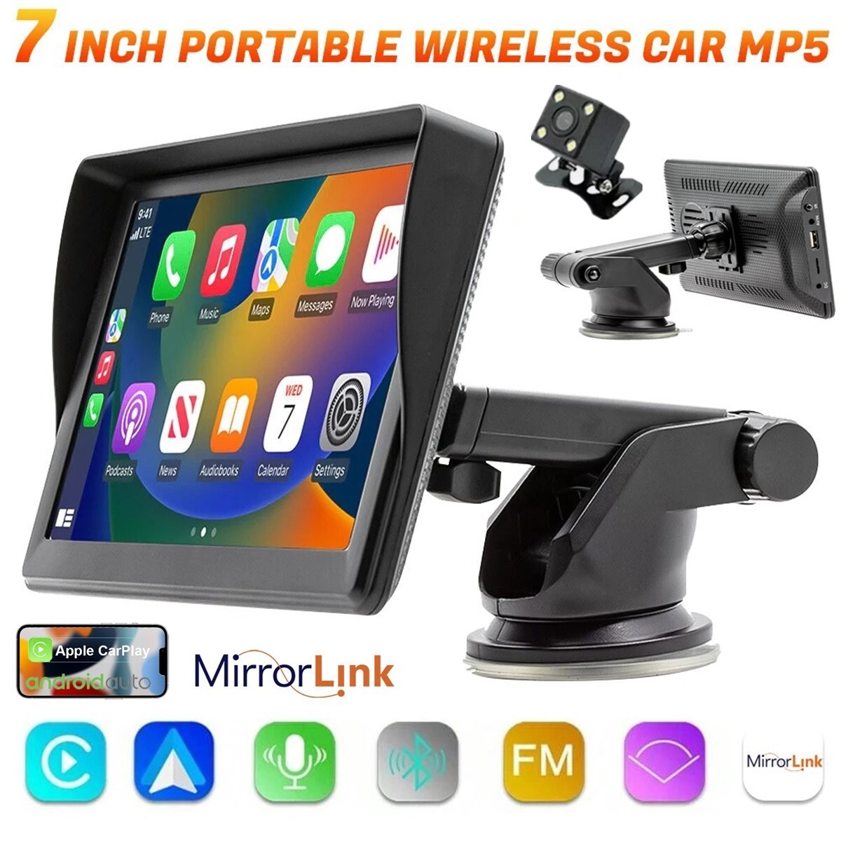 7″ Portable Wireless Car Stereo With Carplay Android Auto Play FM & Backup Cam