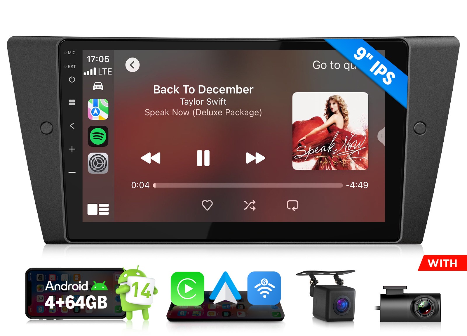 Wireless CarPlay 9″ Android Auto Head Unit for BMW E90 335i DSP Navigation 4+64