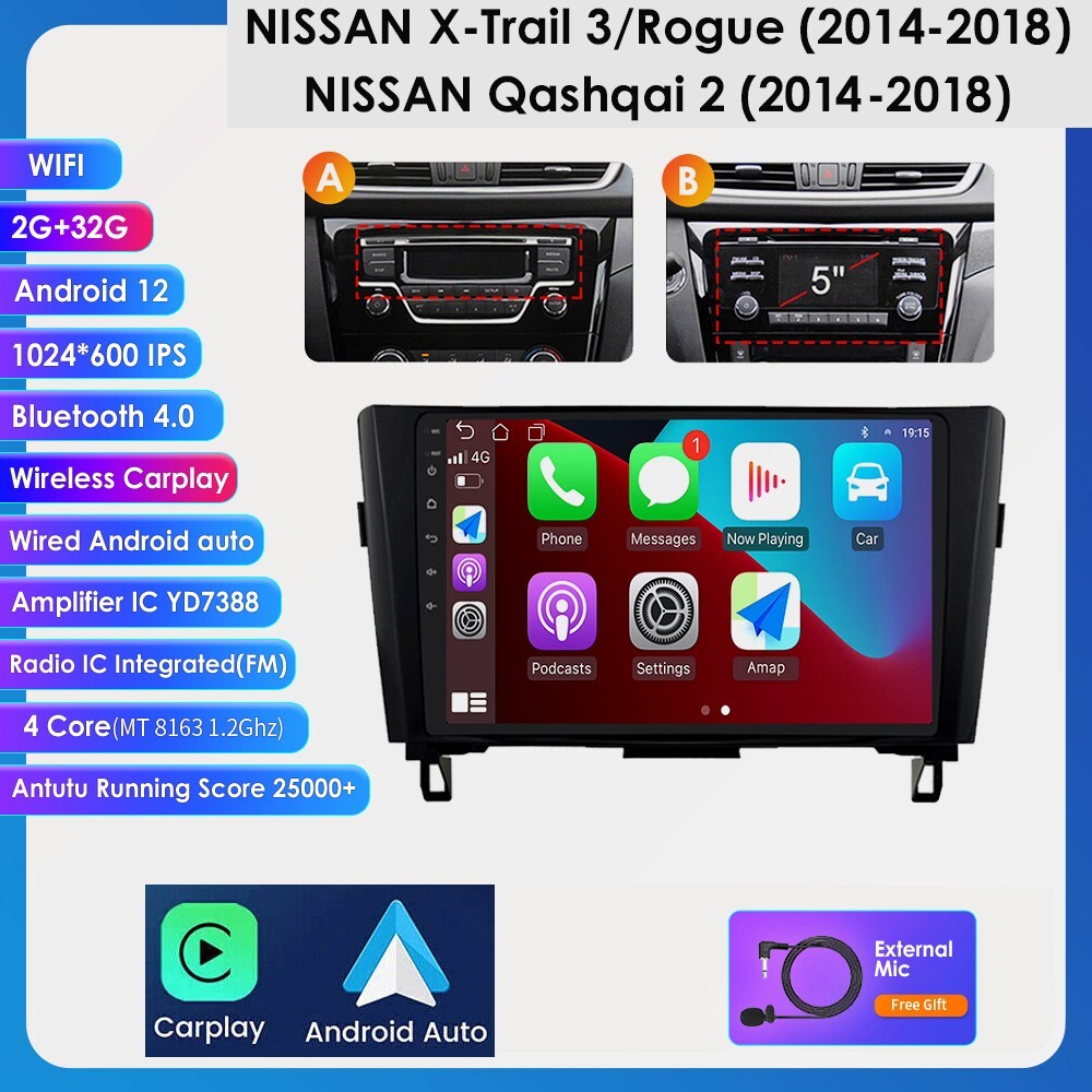 For Nissan Xtrail Qashqai Rogue 2014-18 Car Radio Stereo Android 10 GPS Carplay