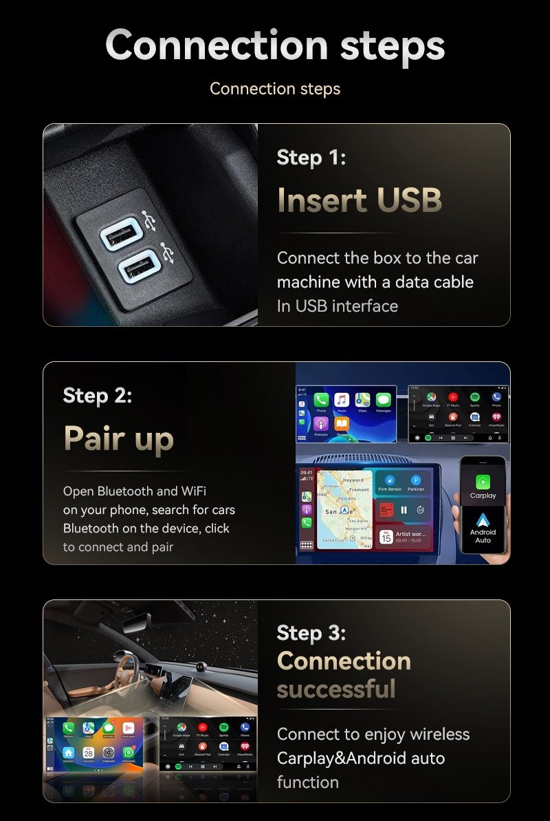 Wireless CarPlay Adapter for Apple iPhone & Android Auto USB Adapter Plug & Play
