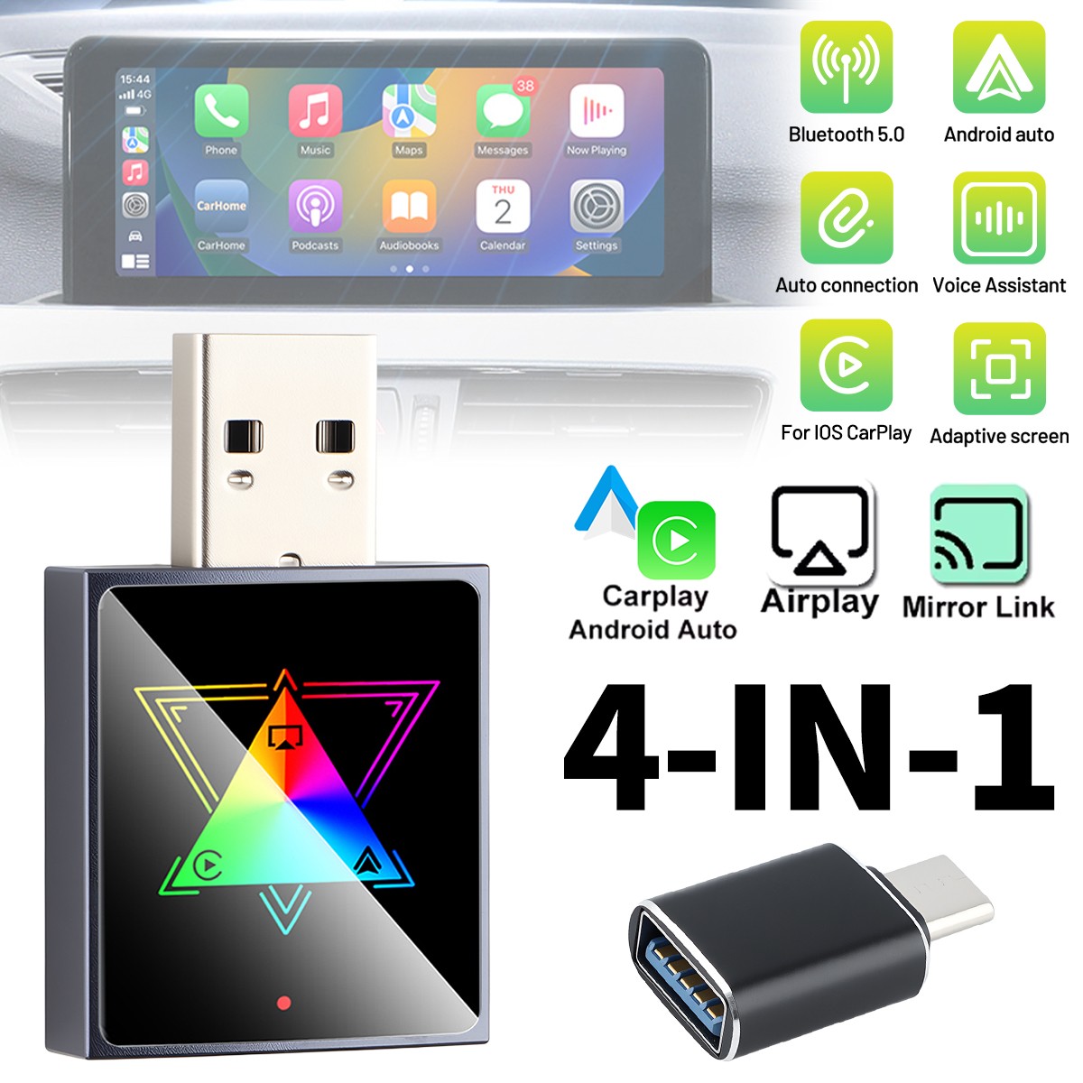 Metal Glass 4-in-1 New Android Auto Box/Wireless CarPlay For iOS 10+ Android 11+