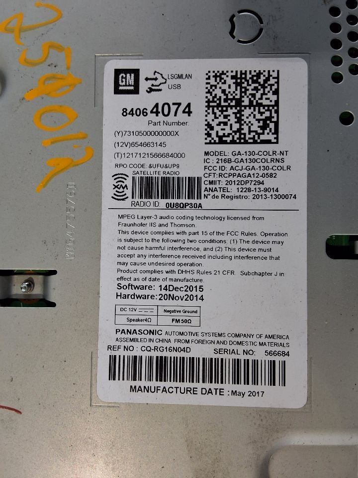2016-2017 Chevy Equinox Radio Receiver AM FM MP3 USB Opt UFU ID 84064074