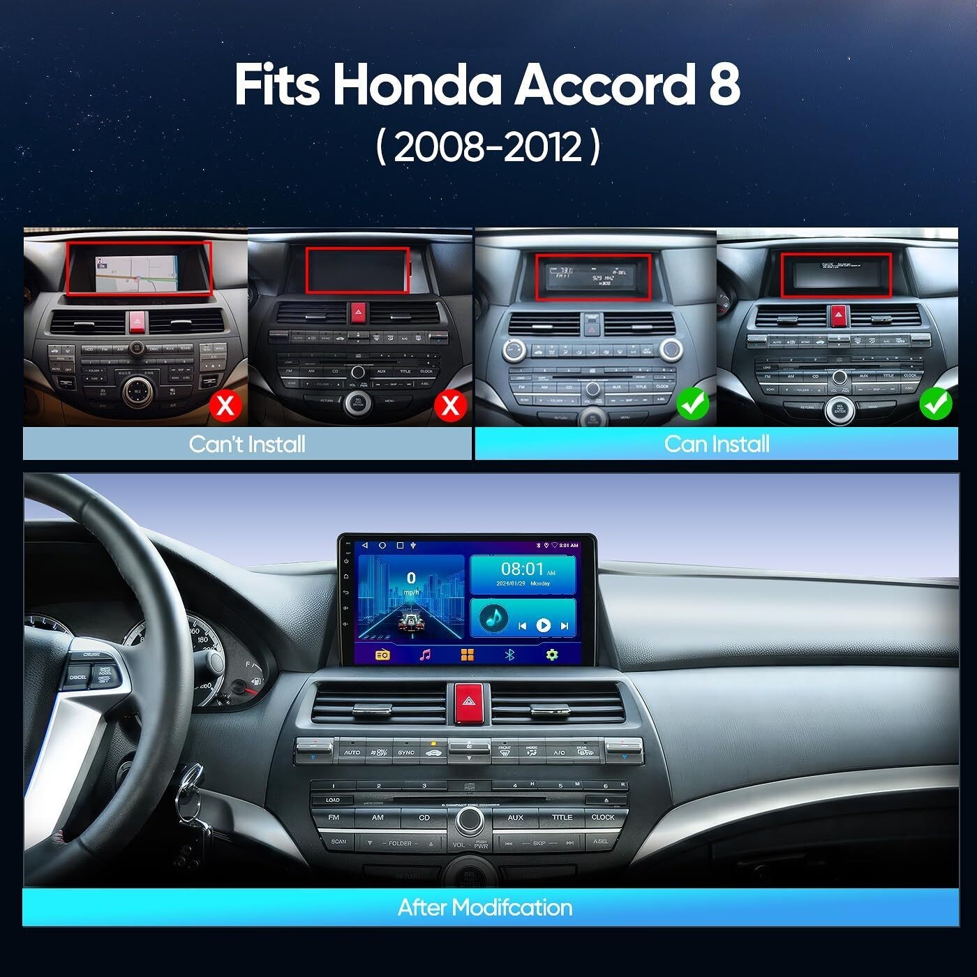 For 2008-2012 Honda 8th Accord CarPlay Android 13 Car Radio Stereo FM RDS