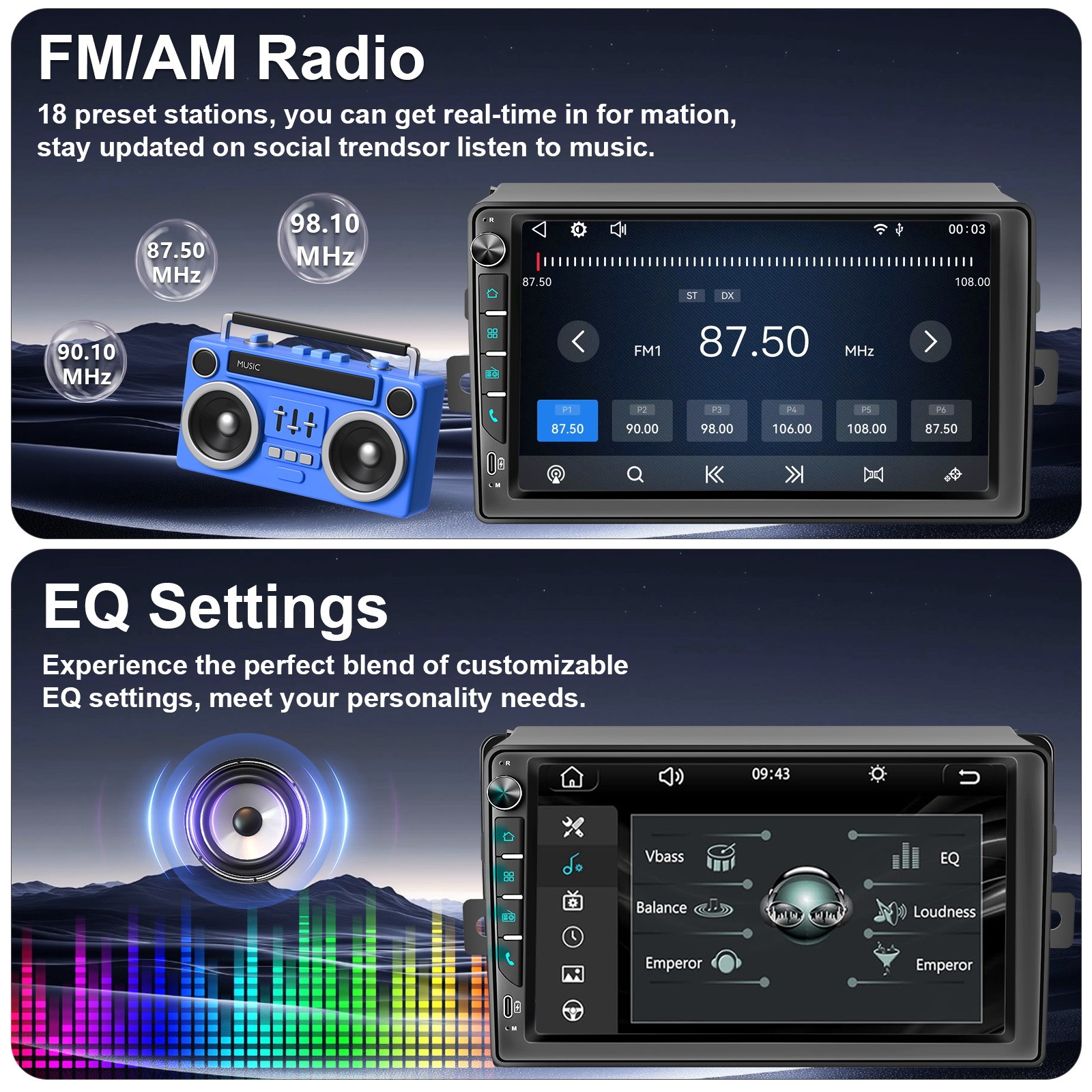 7″ Stereo Bluetooth Radio Car Apple/Android Carplay For Toyota Sienna 2004–2010