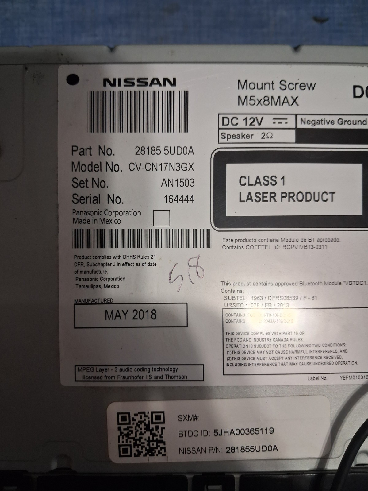 2018 NISSAN SENTRA 5.8 RADIO RECEIVER 281855UD0A