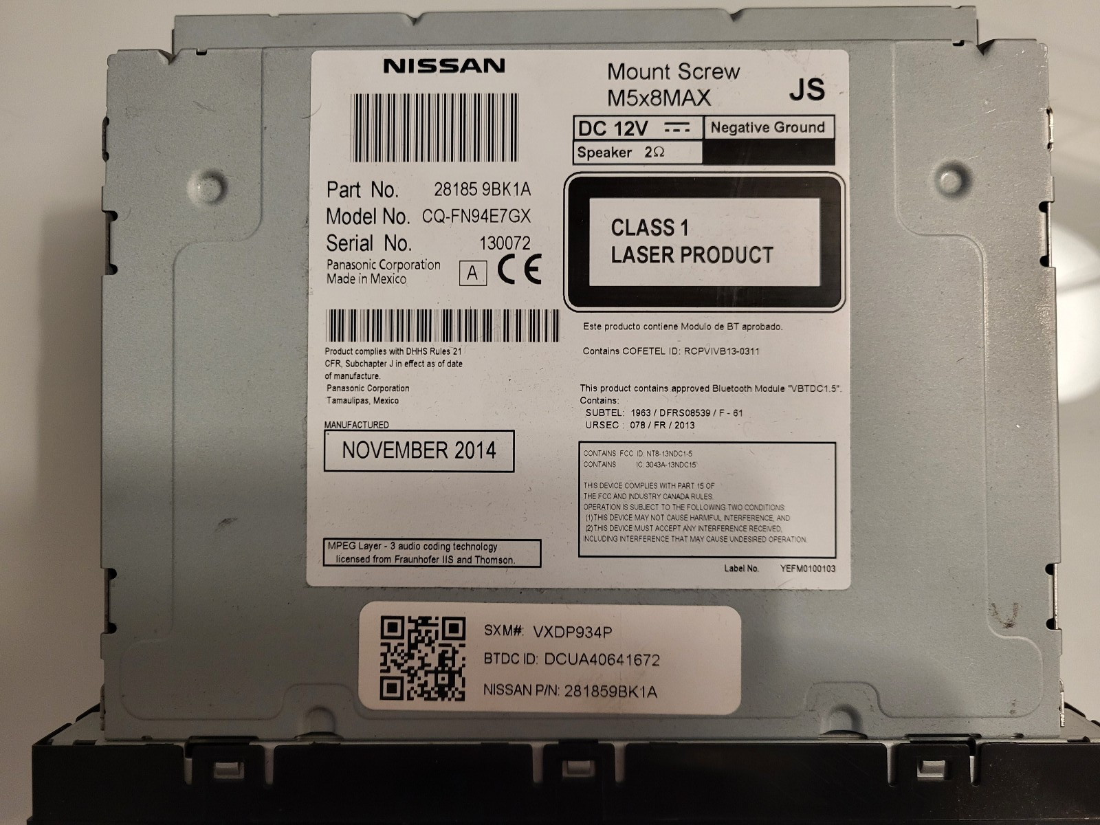 OEM 2015 Nissan Frontier Radio CD AM FM Siriux XM- Part 28185-4AF6A – TESTED