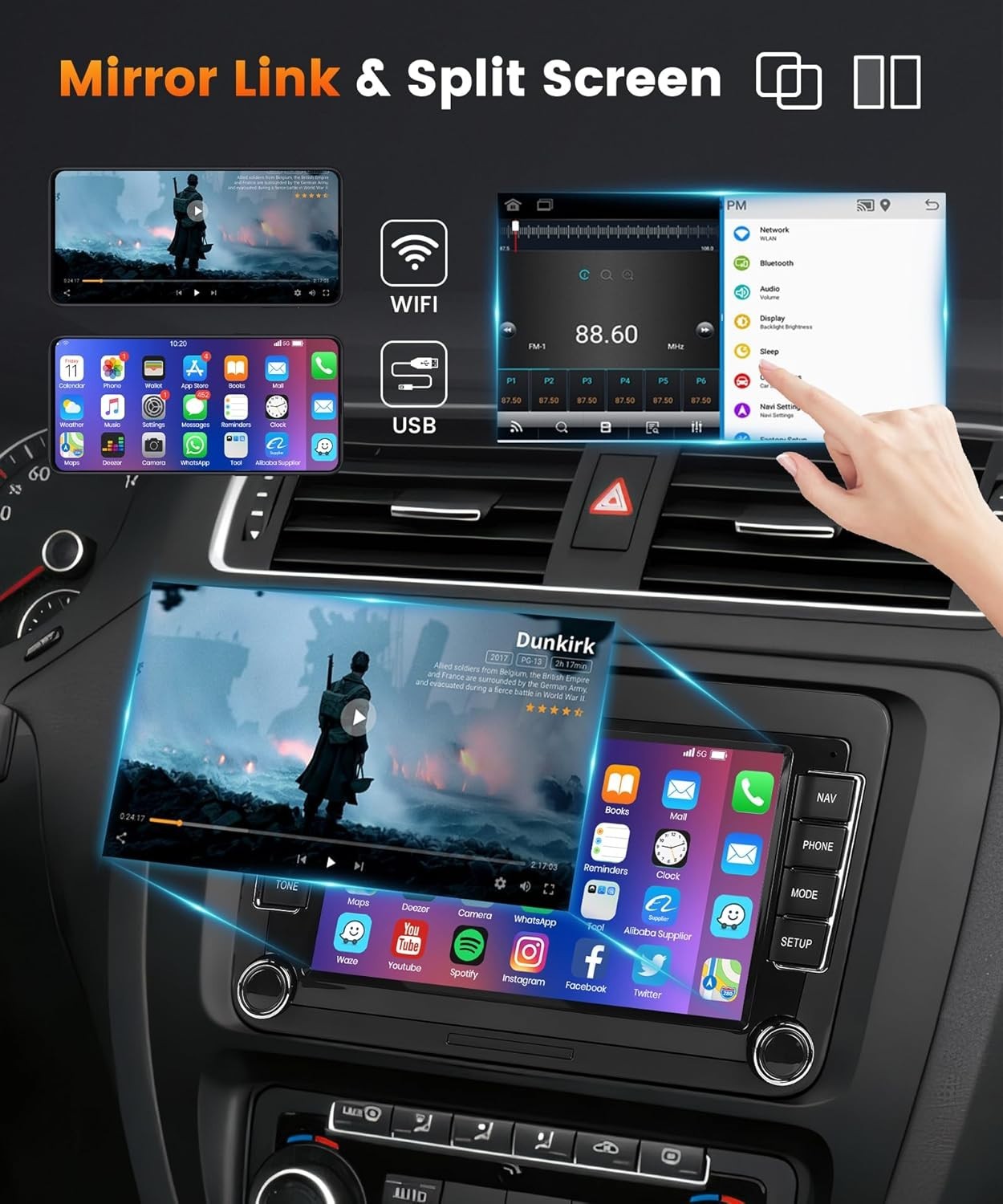 Podofo 2G+64G 7″ HD IPS Touchscreen Android Car Stereo Radio Wireless CarPlay