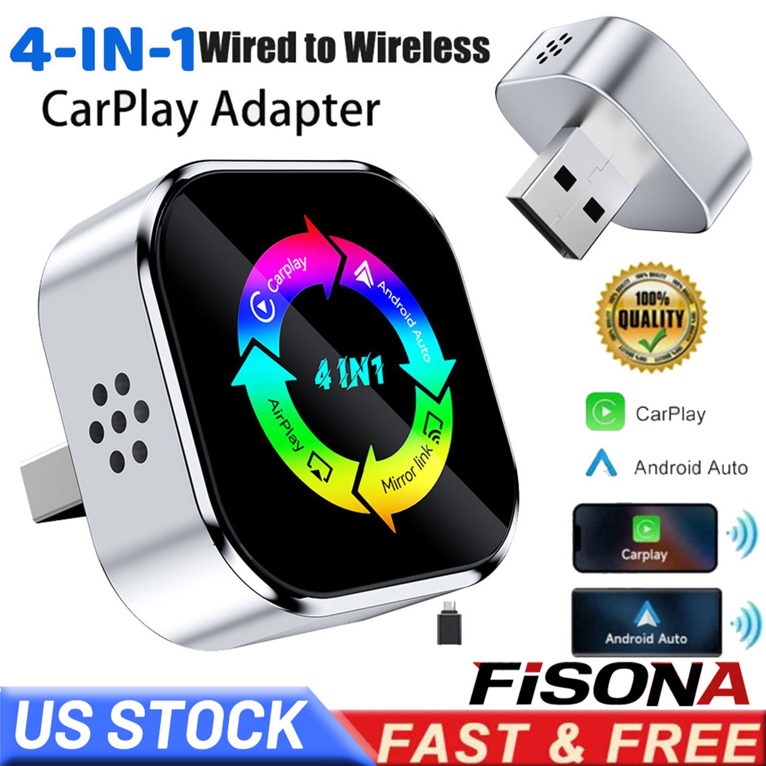 Wired to Wireless CarPlay Adapter for Apple iPhone/Android Auto/AirPlay/Miracast