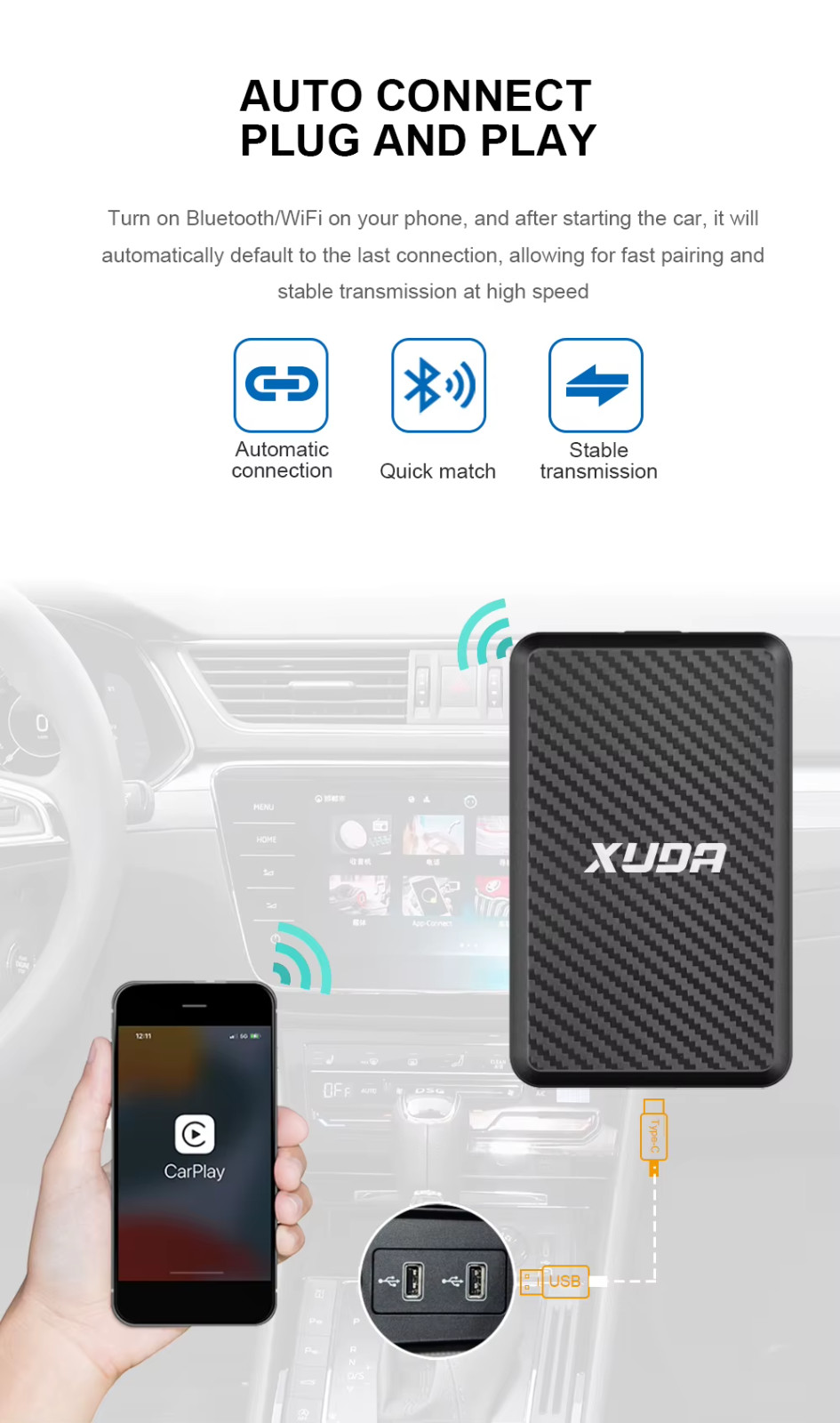 Android 14 AI Box Wireless CarPlay Android Auto 4GB RAM 64GB ROM Plug & Play