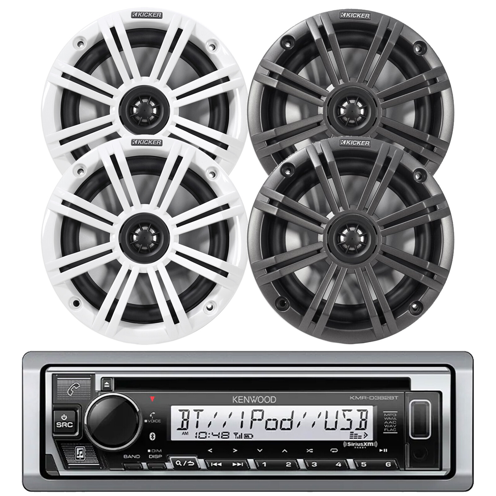 Kenwood USB Marine CD Receiver, 4x 6.5″ 195W Speakers w/Charcoal + White Grilles