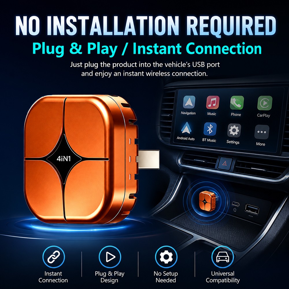 4-in-1 Screen Mirroring Wireless CarPlay Adapter Android Auto AirPlay USB Dongle