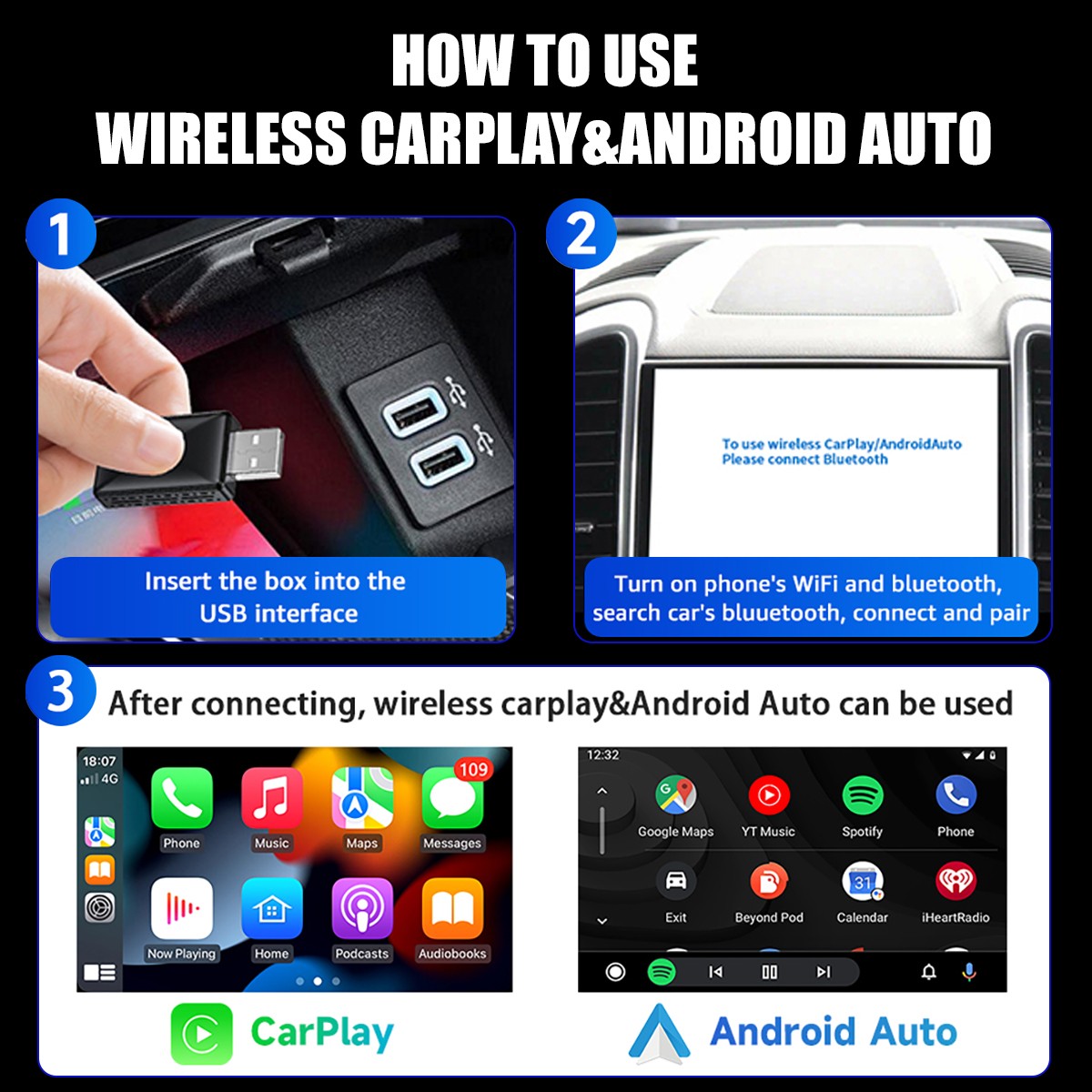 Wireless CarPlay Adapter for Apple iPhone & Android Auto USB Adapter Plug &Play