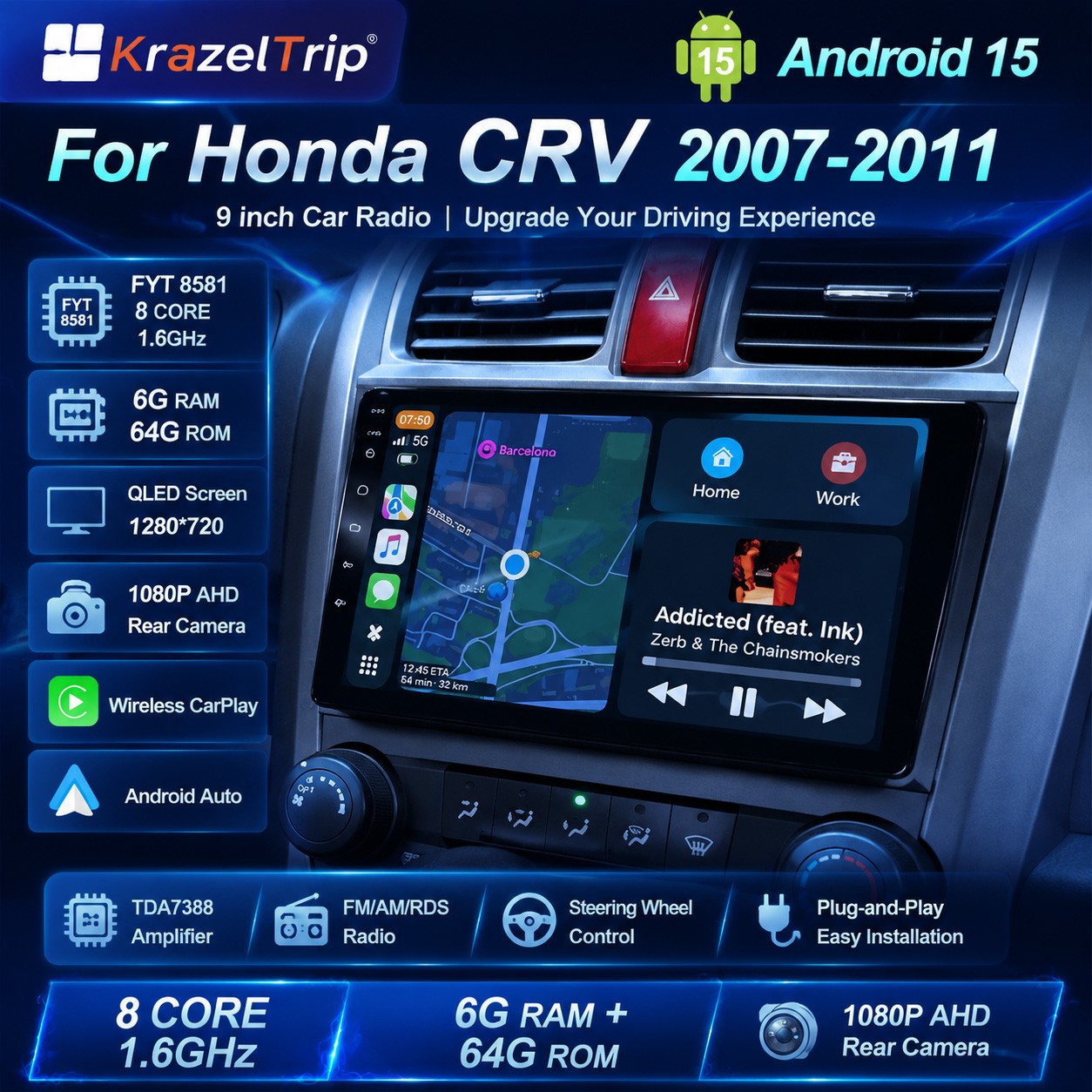 Android Audio 8 Core 64G Car Radio for Honda CRV 2007 – 2011 CarplayStereo GPS