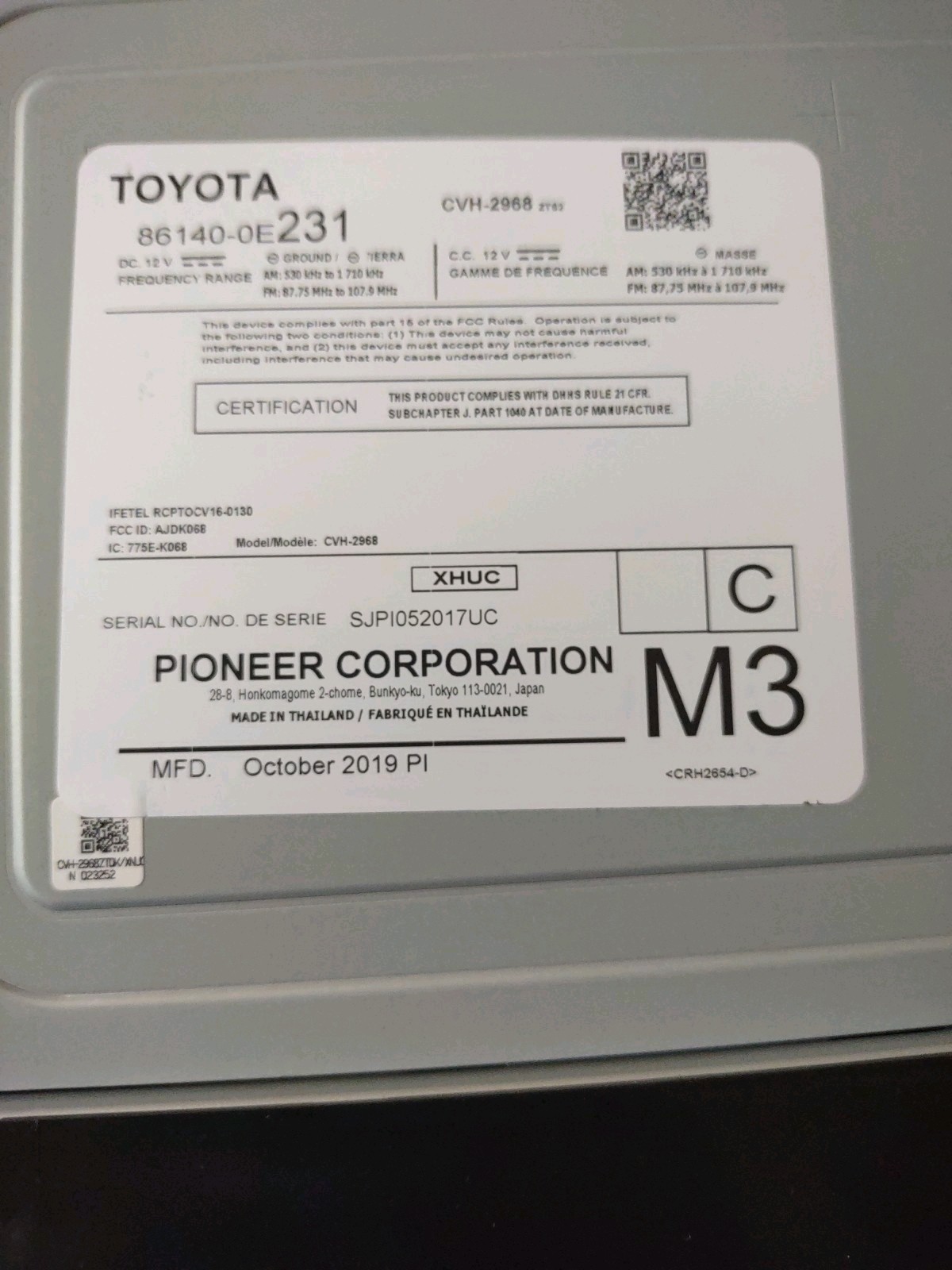 2018 toyota highlander OEM radio display and receiver id 86140-0E230 face 11356